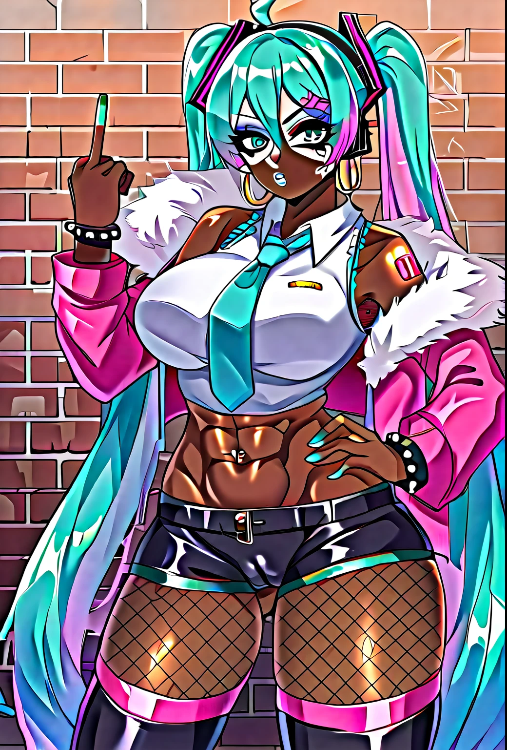 source_anime, score_9, score_8_up, score_7_up, score_6_up, score_5_up, score_4_up, best lighting, shiny skin, solo, 1girl, brick wall backdrop, BREAK, bored, cigarette, large breasts, pink (ski jacket), fur trim, microshorts, fishnets,  cameltoe BREAK  yamanba, very dark skin, dark-skinned female, makeup, eyeshadow, piercings, intricate tattoos, jet-black skin, two-tone gradient hair, pink highlights, BREAK (excessive pink pubic hair), (graffiti on wall), pink spiked bracelets, (pink) spiked choker, cyan lips, hoop earrings, fishnet leotard, looking at viewer, navel piercing, middle finger, long cyan nails, no panties, hairy pussy, parted lips, (abs, wide muscular hips, face stickers), colorful stickers, facial mark BREAK (very long hair:1.2), miku hatsune, ahoge, aqua eyes, aqua hair, crossed bangs, hair between eyes, hair ornament, headphones, long hair, twintails,aqua necktie, black footwear, black skirt, black sleeves, boots, collared shirt, detached sleeves, grey shirt, necktie, pleated skirt, shirt, skirt, sleeveless, sleeveless shirt, thigh boots, tie clip,