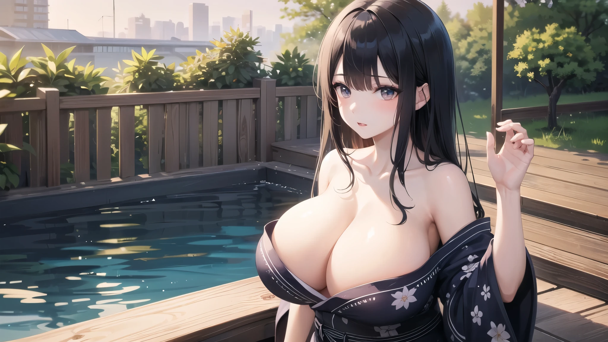 (((masterpiece, best quality))), (((superior quality))), cute girl, ((extremely detailed girl)), ((huge breasts)), yukata, (bare shoulders), strapless top, random expression