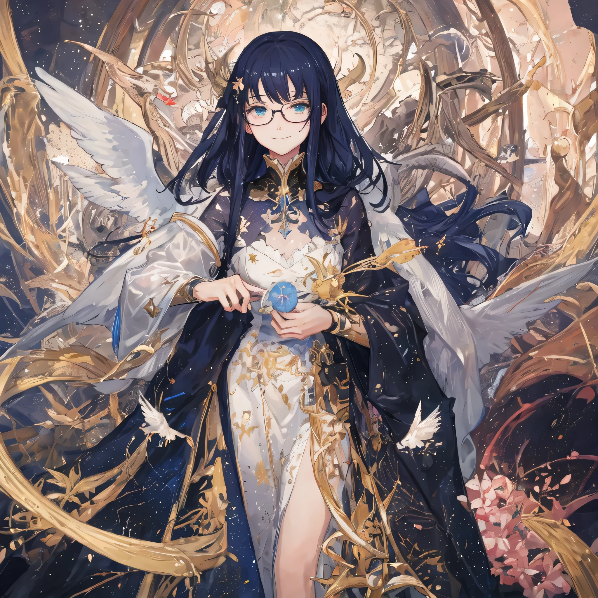 masterpiece, best quality, ultra-detailed, kawaii, cute, lovely, ero, extremely detailed, 4K, 8K, best quality, beautiful,(universe,Universe swimming,Milky Way:1.6), a cute girl, 1girl, solo, (angel:1.4), beautiful gold hair, beautiful gold eyes, beautiful eyes, long hair, transparent hair, translucent hair, (wings:1.5),( glasses), smile, light smile, sparkling effect, luminous effect