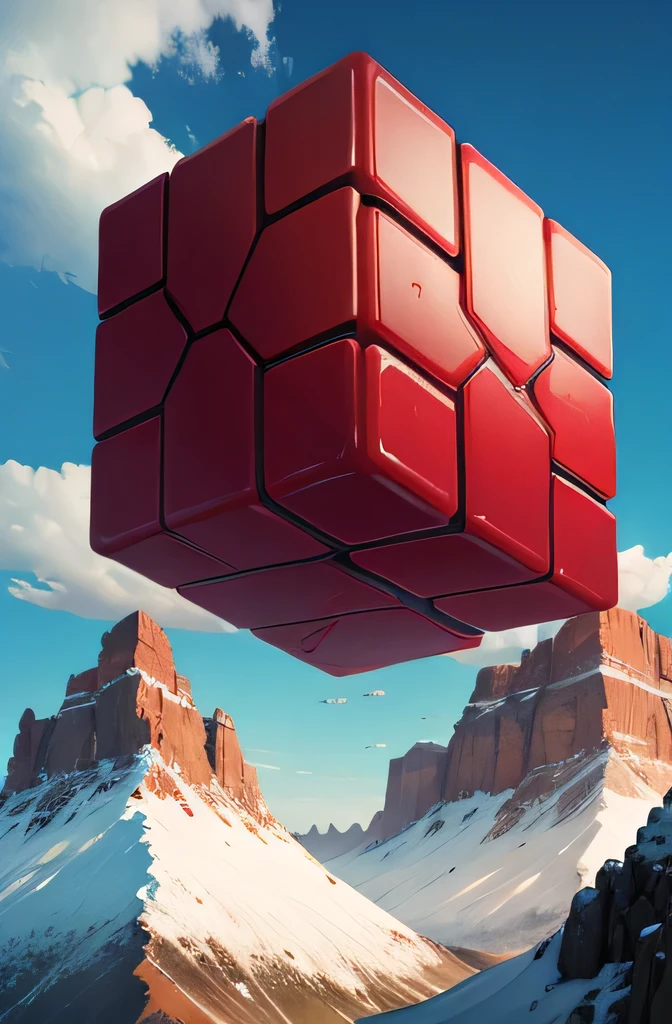 cube rouge en haut d'une montagne