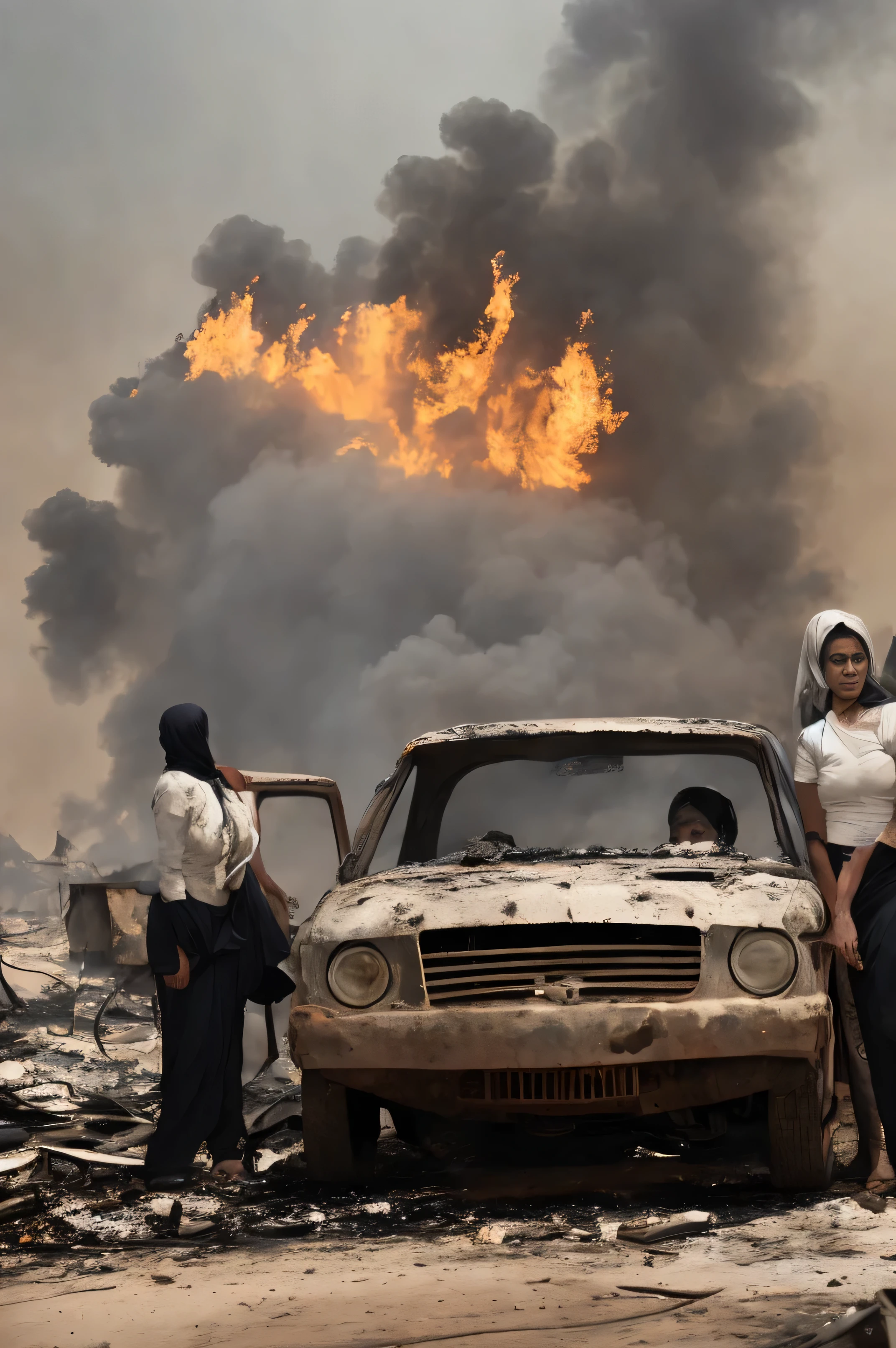 Arafi women in front of a burning car, author：Ibrahim Kodra, 8k movie still, author：Herakli Nadal, ( apocalyptic ) 8k, Award-winning movie stills, movie still 8k, Iraqi Nadal, apocalyptic 8k, apocalyptic 8K, Pulitzer Prize for Photography, 4k / 8k, 4K/8K