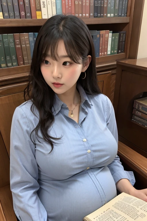 pregnancy,korean,Young Girl,big bust,large boat size,wearing a button-down dress,Reading a book,Inside the library