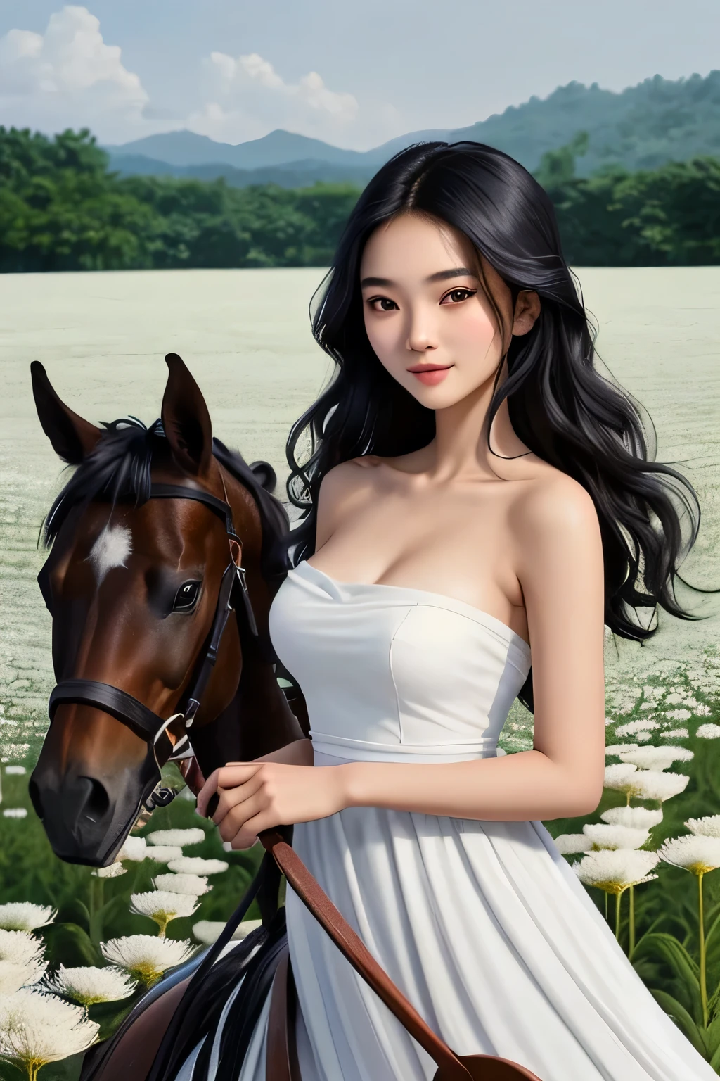 ((best quality)), ((masterpiece)), (detailed), perfect face A  girl of Indonesian Chinese descent with long, wavy black hair, a sexy body and firm, pointed breasts wearing a long, white, sleeveless, strapless dress, riding a horse in a field of edelweiss flowers