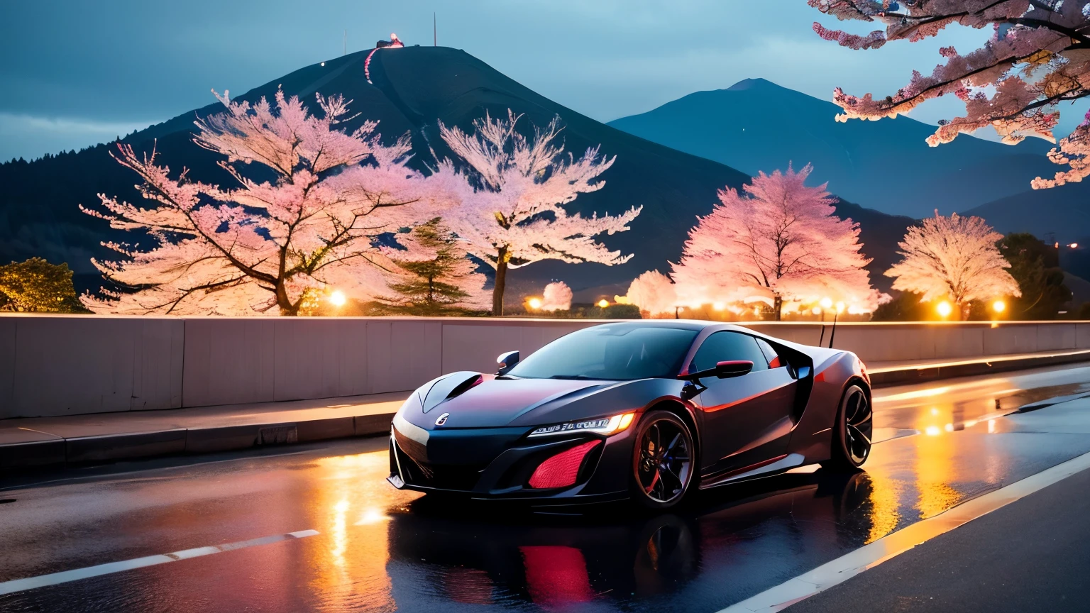 Realistic illustration of the Berlin B-El-Redathetna SP3, Germany. Noon and Rain. Super detailed, 8k, HDR, octane rendering, red square offset, unreal engine 5. Professional Color Grade, atmosphere, amazing depth, rich colors, Powerful image, psychedelic overtones, 4k, 8k. Honda NSX2000 Concept's futuristic design, Innovative Cyberpunk Design, Tokyo, Mountain. Fuji Visible, Gorgeous cherry blossoms falling from the sky, Moonlight on the Summit of Mountain. Fuji, atmosphere, Time-lapse photography, Samurai House,