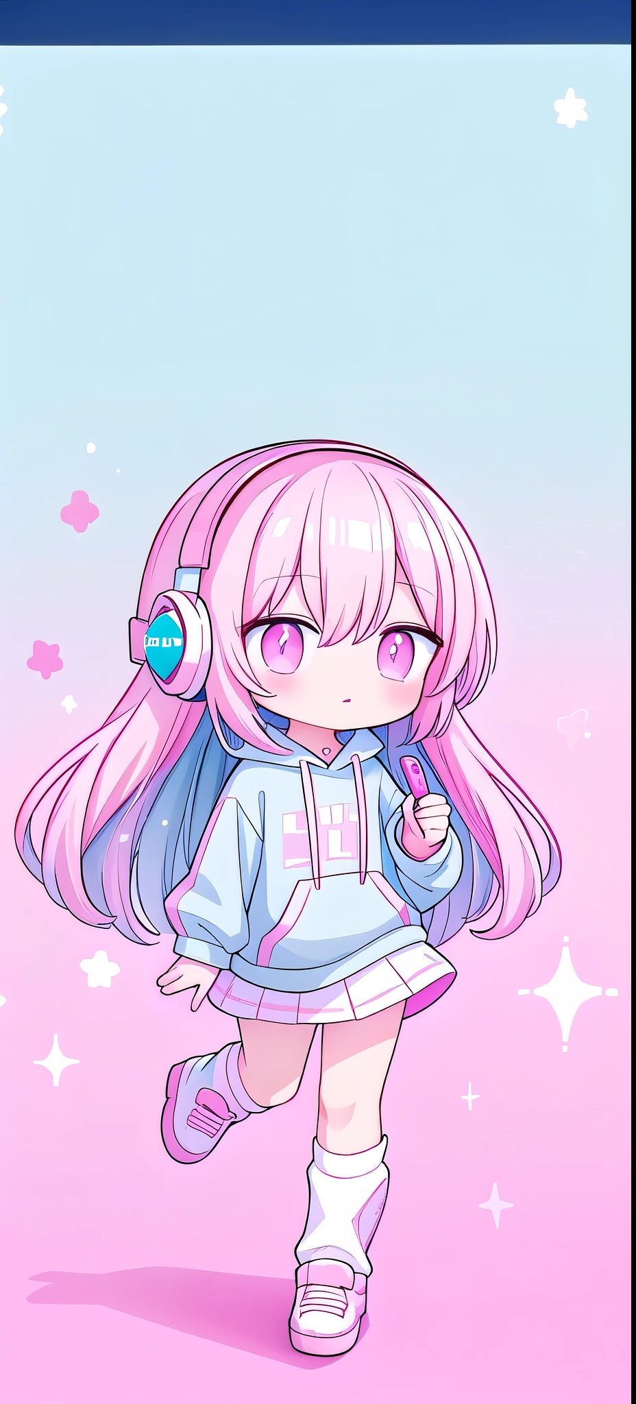 light blue long hair，Pink and white sweatshirt，pink eyes，Blue headphones