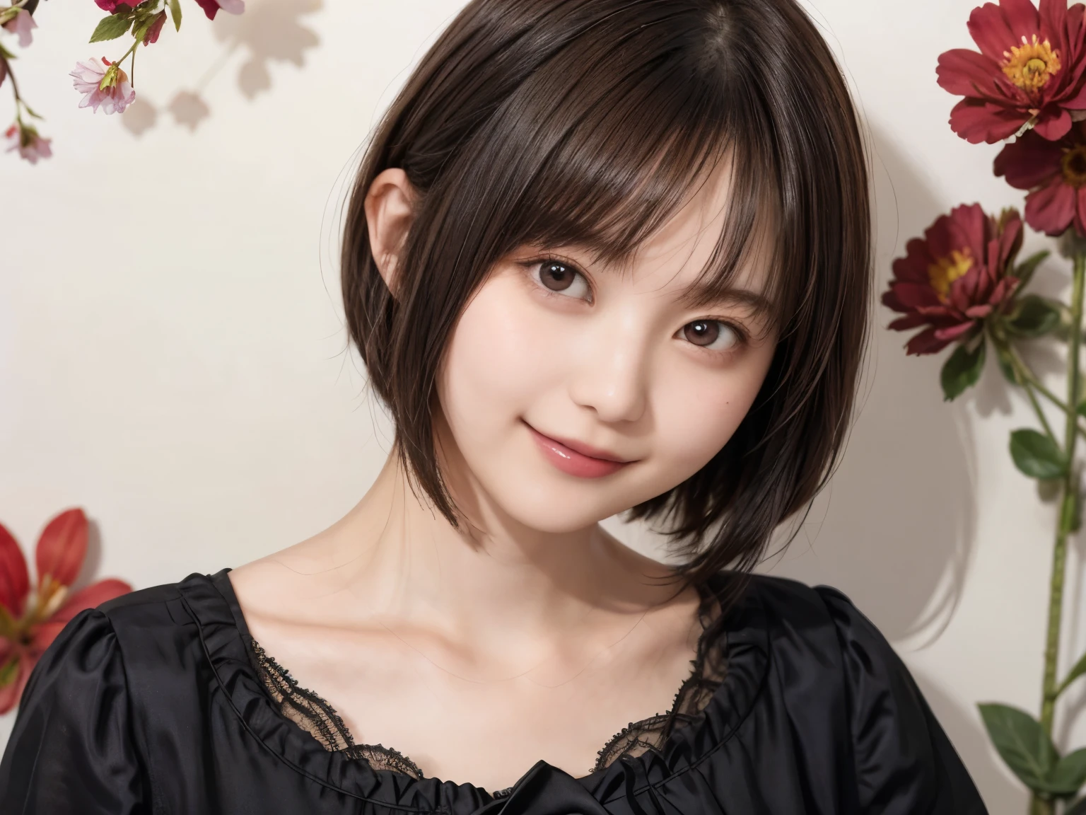 206 Short Hair, 20 year old female, Floral, gentle smile, (chest:1.2)