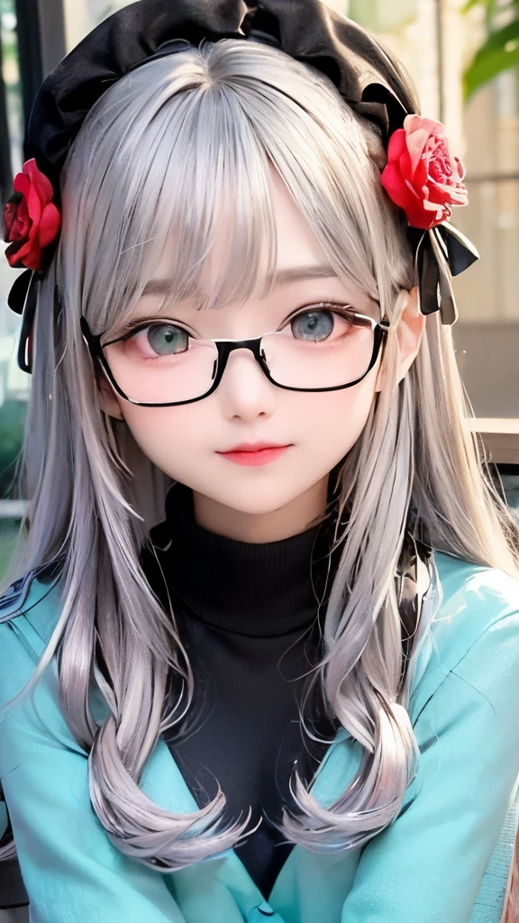幼いgirl、small face、 (alone:1.5,)Super detailed,明るいcolor, very beautiful detailed anime face and eyes, look straight,eye shadow、 shiny_skin,girl, (((虹colorの髪,, 半分の髪の毛は青color、Half silver hair: 1.5))), 、shiny hair, delicate beautiful face, blush、Glasses、(turquoise eyes), , Valletta, red earrings,、black turtleneck、flower garden、Sitting among flowers、smile、happy face、face dyed red、color々pose、Head to toe full body portrait、(I can see the whole body)