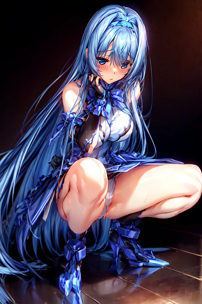 masterpiece, highest quality, realistic, beautiful lighting, 1 girl, bangs, black background, squat, blue and white costume,