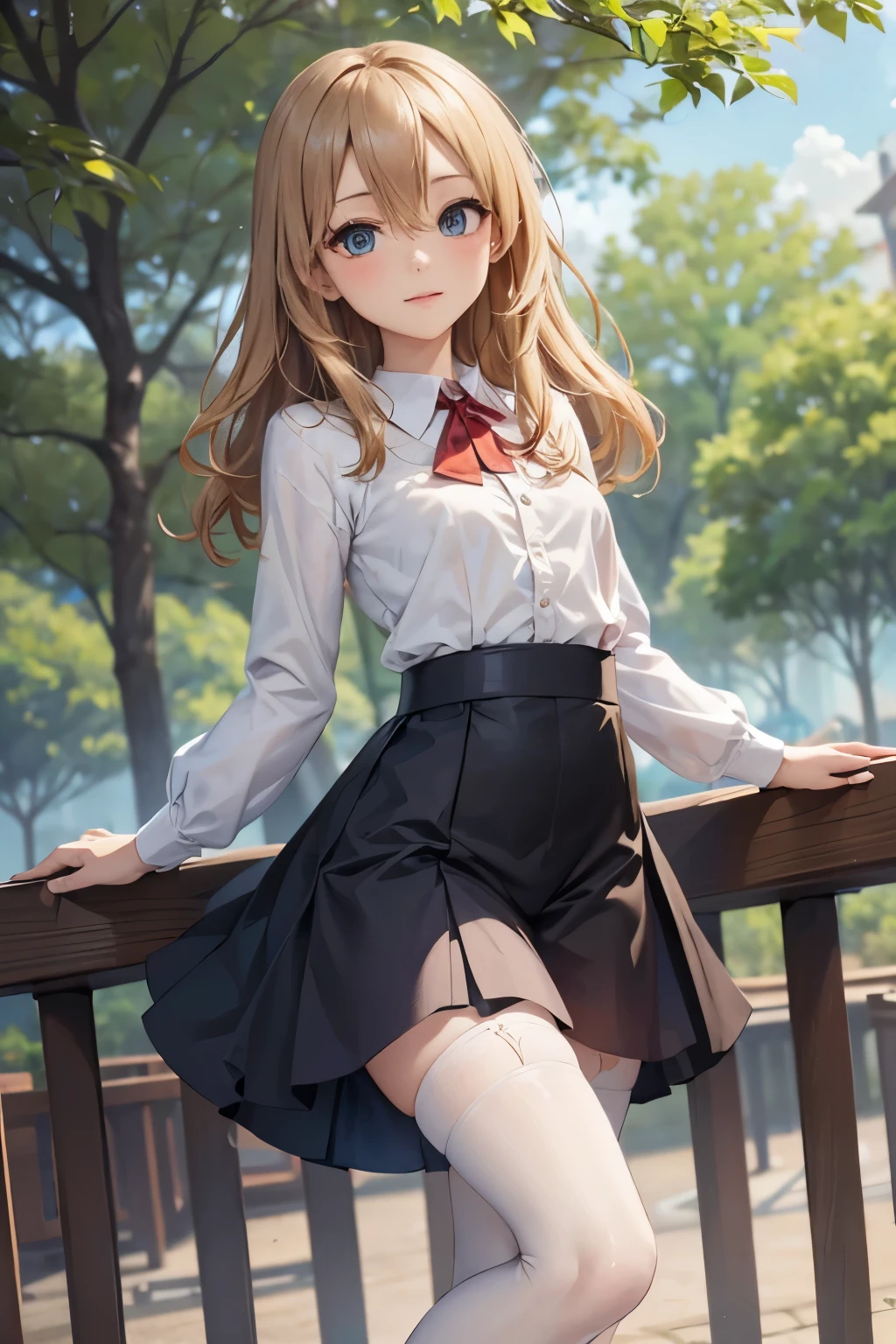 ((Biologically correct number of limbs))、4K、masterpiece、((focus on the face))、((Symmetrical facial features))、Eyes with detailed description、Beautiful woman、outstanding style、beautiful arms、beautiful legs、beautiful hands、(small ass、thin thighs）、Detailed depiction of faces、(shirt、skirt、((Tina Branford))、high heels、stockings）、close up of face、The background is the park in the morning、standing position