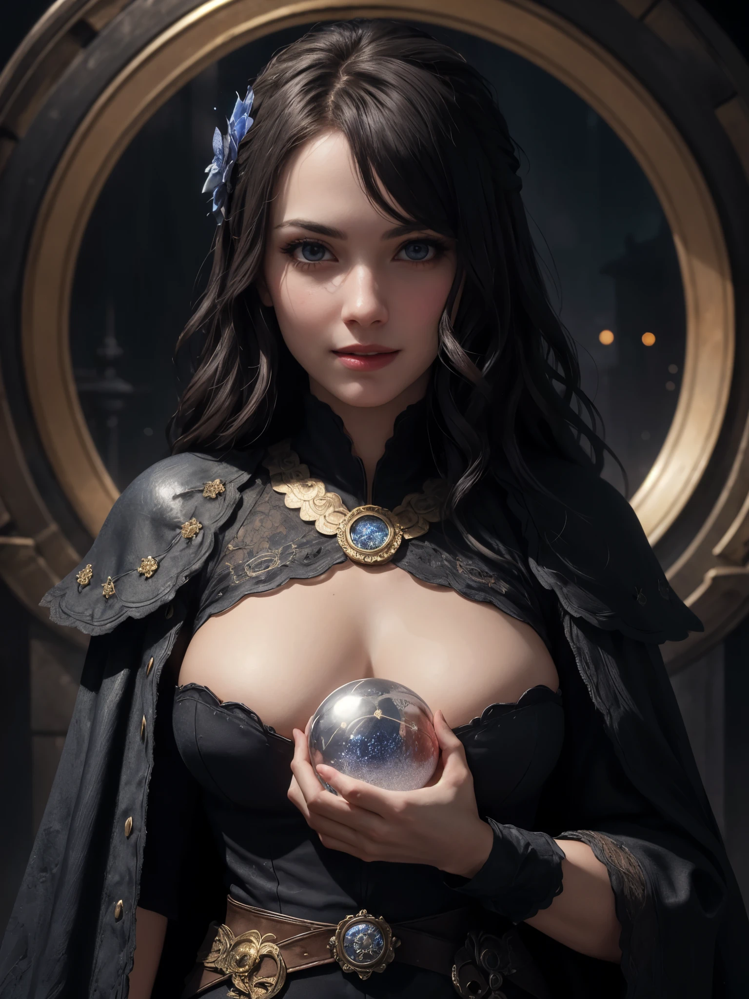 a woman holding crystal ball, BREAK, 1girl, masterpiece, high quality, intricate details, beautiful, dynamic natural cinematic lighting, bloodborne, strict, dark, fantasy, horror, hunter, british georgian clothing, friendly expression, eyes with highlights, dirty leather, moonlight night, long wavy hair, smile, huge breasts, cleavage, crystal magic circle, spaceship, glitter, gold, blue flower shine in background,