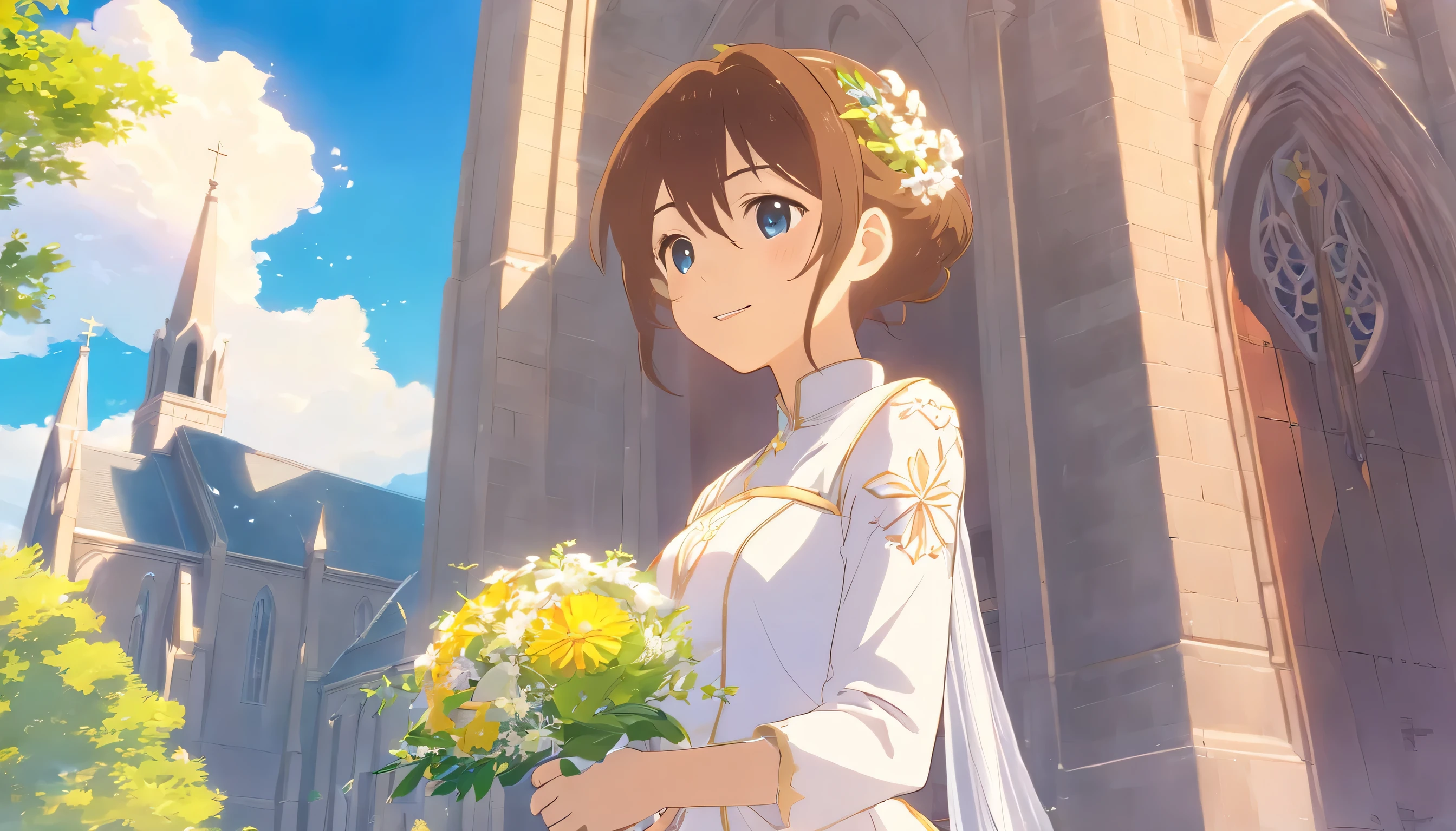Outside the church, a bride looks on with a smile。blue sky。whole body。highest quality。