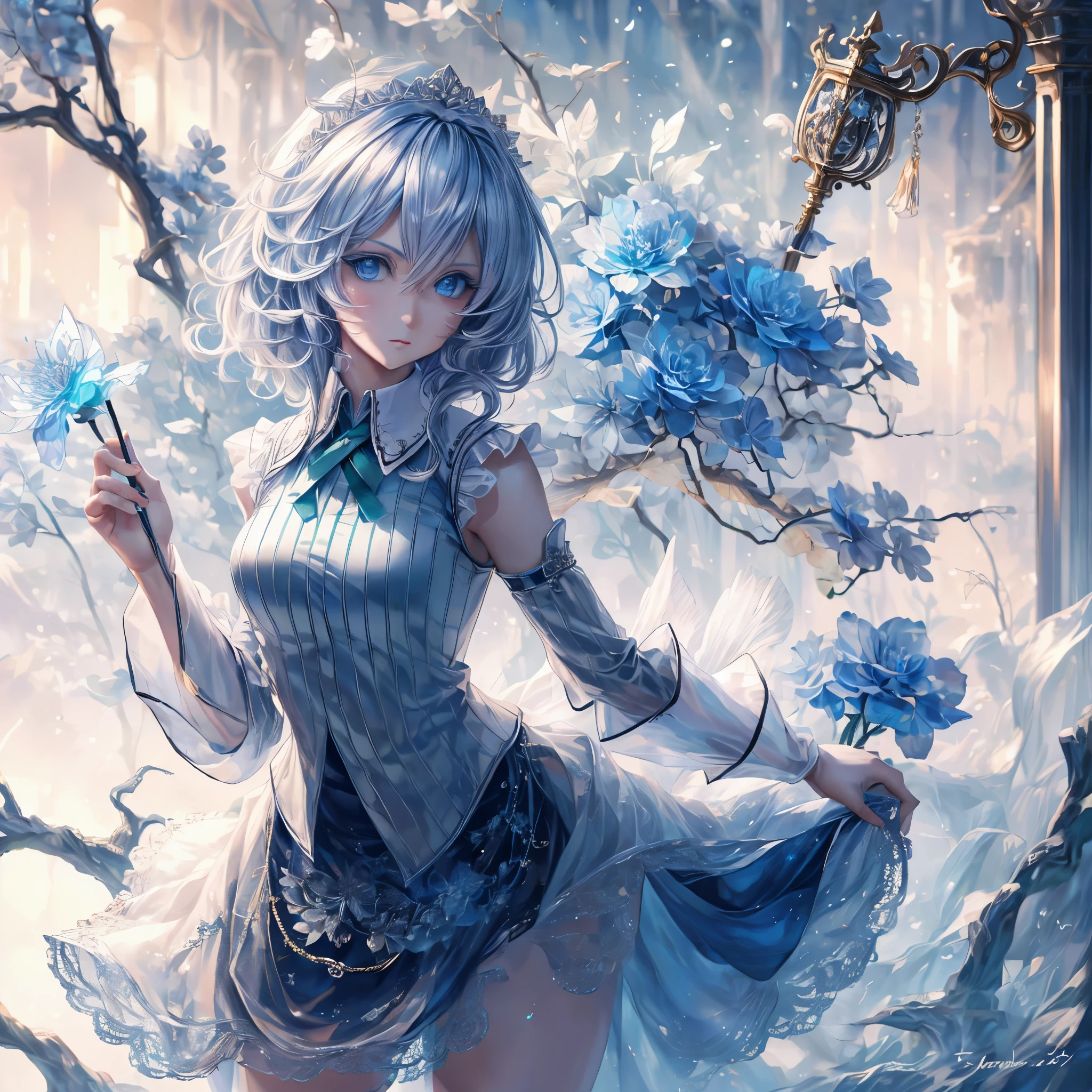 tmasterpiece，Highest high resolution，，Dynamic avatar of a beautiful aristocratic girl，，(((Hair is covered with beautiful and delicate floral craftsmanship,)))，Ultra-detailed details。1girl, solo, sakuya izayoi, silver hair, maid dress, white apron, very short skirt, sexy pose, flying knive, holding knife, sleeveless outfit, detailed face, detailed eyes, fresh blue eyes, big green ribbons, blue outfit, small-to-medium breasts