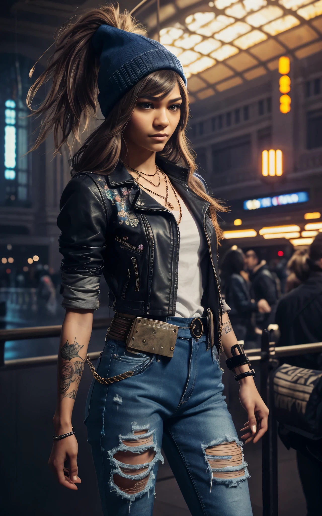 (zendaya), at the the Grand Central Terminal, cinematic, medium shot, whole head in frame, detailed face, detailed eyes, evening, punk aesthetic, pale blue ripped jeans, braces, suspenders, black boots, white shirt, skull, heart, necklace, chain, bullets, black leather jacket, dark blue beanie, tattoo sleeve, right arm, intricate design, flowers, yellowed skull, dyed hair, light purple roots, blue ends, navy T-shirt, rock, chick, messy hair, Full body, Beautiful anime waifu style girl,hyperdetailed painting, luminism, art by Carne Griffiths and Wadim Kashin concept art, dark background, abstract beauty, approaching perfection, pure form, golden ratio, minimalistic, dark atmosphere, unfinished, concept art, by Brian Froud and Carne Griffiths and Wadim Kashin and John William Waterhouse, intricate details, 8k post production, high resolution, hyperdetailed, trending on artstation, sharp focus, studio photo, intricate details, highly detailed, by greg rutkowski