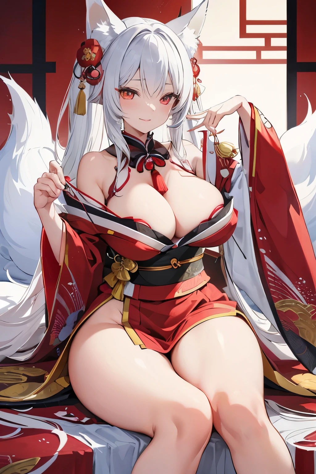 ((masterpiece)), ((best quality)), (ultra-detailed), kawaii, lewd,
A fox girl with long white hair, embodying the essence of a kitsune, seductively wears a vibrant red kimono. Her seductive pose highlights her figure, revealing a suggestive scene. The intricate details of her red clothes cling to her curves, offering a tantalizing peek. With her mischievous eyes, she invites you in for an unforgettable footjob experience, leaving you mesmerized by her charms.
The ultra-detailed kimono is adorned with intricate patterns and flowing lines,