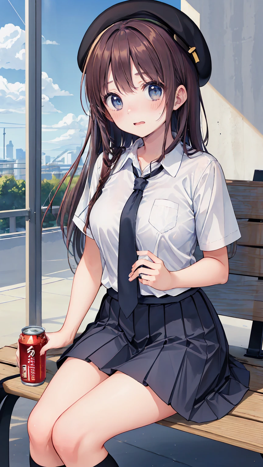 (masterpiece, best_quality), extremely_detailed_CG, woman posing for a photo, shy smile, Happy, long hair, straight hair, fine skin, beautiful hands, beautiful fingers, Wearing a beret, tie, short sleeve blouse, pleated skirt, thighs, Absolute area, knee socks, during the day, hot summer day, School, schoolyard, sitting on the bench, Canned juiceを持っている, Natural light, detailed face:1.2, sharp focus, Hasselblad Photos, masterpiece, light makeup, cinematic lighting, 4k, highest quality, sharpness, anime style, whole body, Canned juice, 