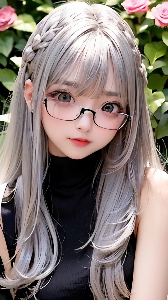 幼いgirl、small face、 (alone:1.5,)Super detailed,明るいcolor, very beautiful detailed anime face and eyes, look straight,eye shadow、  shiny_skin,girl, (((虹colorの髪,, 半分の髪の毛は青color、Half silver hair: 1.5))), 、shiny hair, delicate beautiful face, blush、Glasses、(turquoise eyes), , Valletta, red earrings,、black turtleneck、flower garden、Sitting among flowers、smile、happy face、face dyed red、color々pose、Head to toe full body portrait、（I can see the whole body）