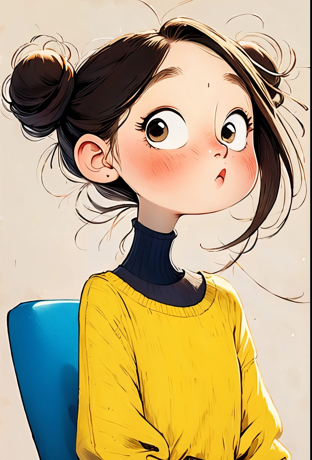 (masterpiece, best quality:1.2), The art of math，cartoonish character design。1 girl, alone，big eyes，Cute expression，1 bun，Lemon yellow loose sweater，hand，avatar，portrait，interesting，interesting，clean lines，Human anatomy is correct
