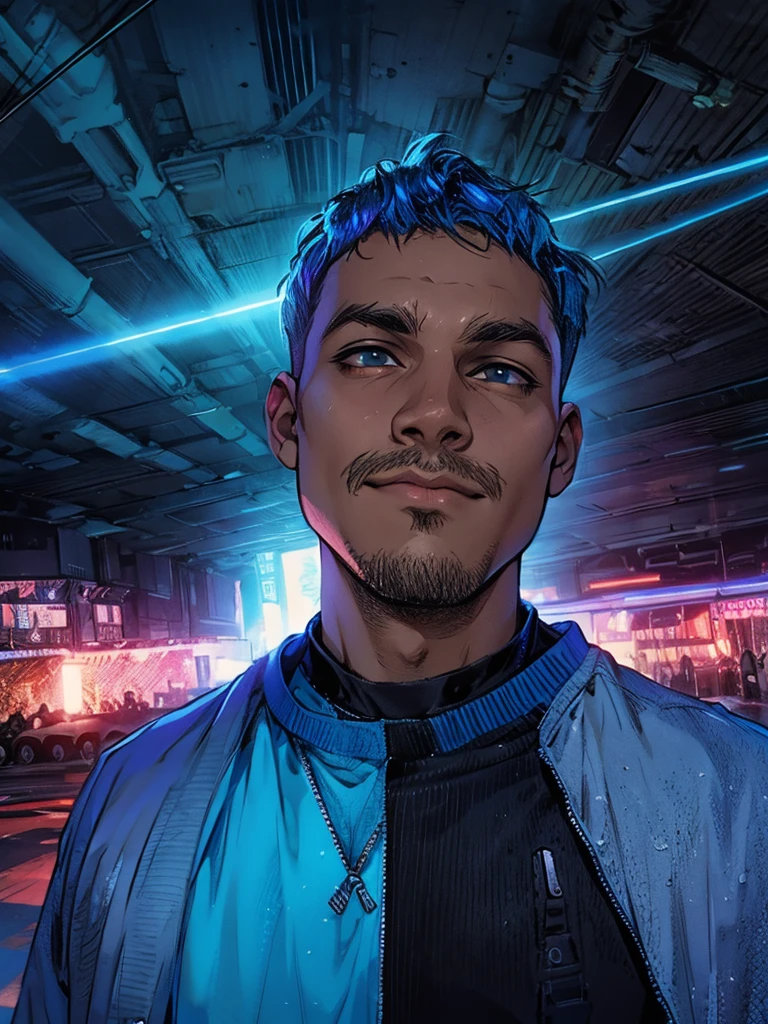 cyber punk,musicians,short haired man,wide angle lens,expressive,Looking up,laser hologram,Jacket with hood,goggles