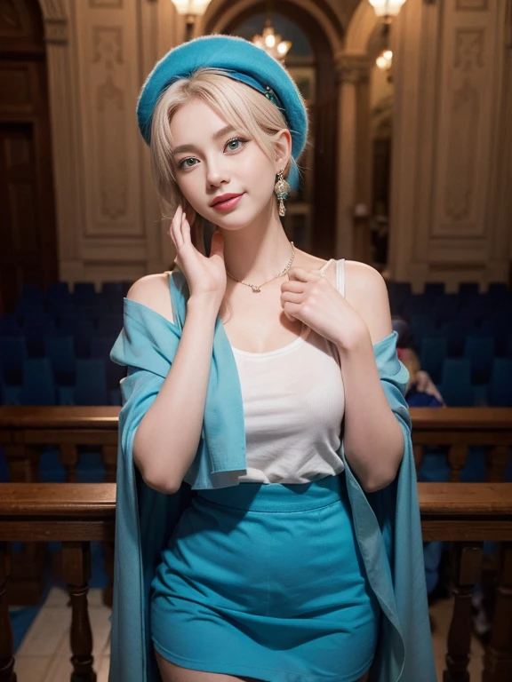Fayobore-style, masterpiece, best quality, 1 girl, 21 years old, Smile, pink lips, aqua eyes, blue beret, blonde hair, Keep your mouth shut, earrings, have, gem earrings, jewelry, looking at the audience, mini skirt, shirt, blue cloak, short hair, alone, Cowboy shooting, Put your hands behind your head, dim, dark, high contrast, Caustics