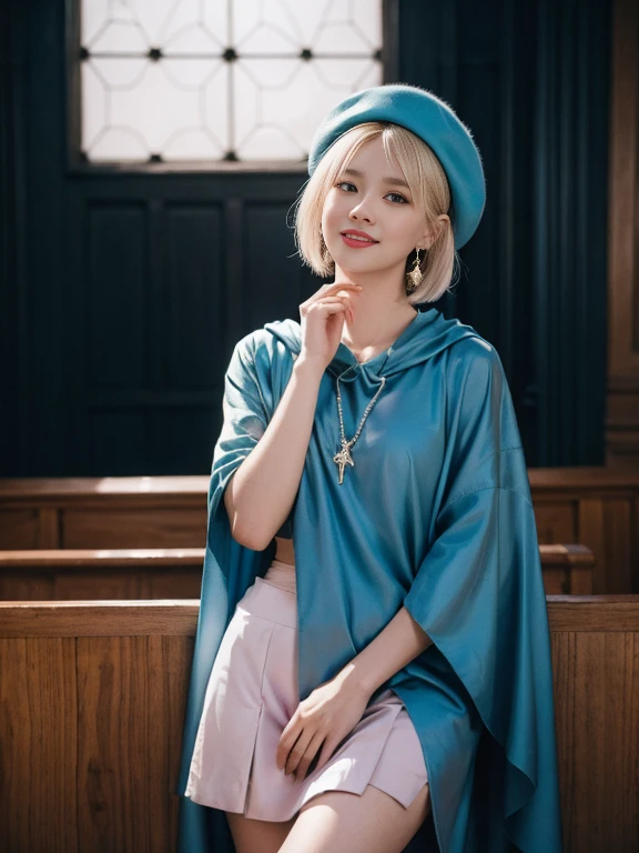 Fayobore-style, masterpiece, best quality, 1 girl, 21 years old, Smile, pink lips, aqua eyes, blue beret, blonde hair, Keep your mouth shut, earrings, have, gem earrings, jewelry, looking at the audience, mini skirt, shirt, blue cloak, short hair, alone, Cowboy shooting, Put your hands behind your head, dim, dark, high contrast, Caustics 