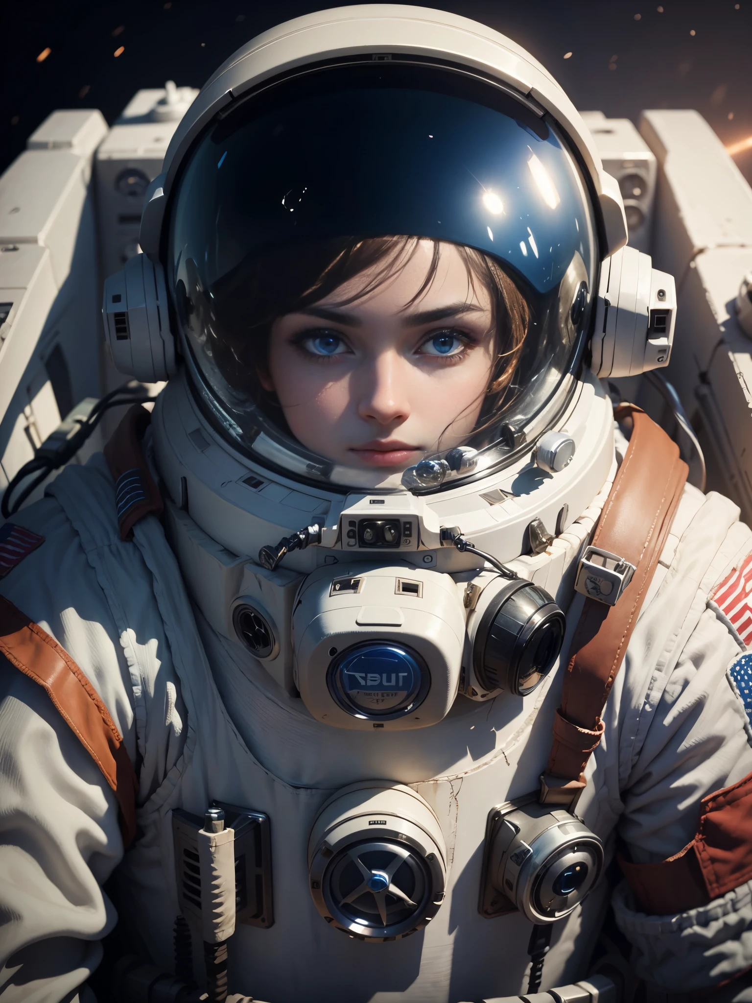 (Beautiful space astronaut,half-body portrait:1.2。blue colored eyes),(wearing spacesuit,Transparent helmet,robotic hand)
Edge lights,Global illumination