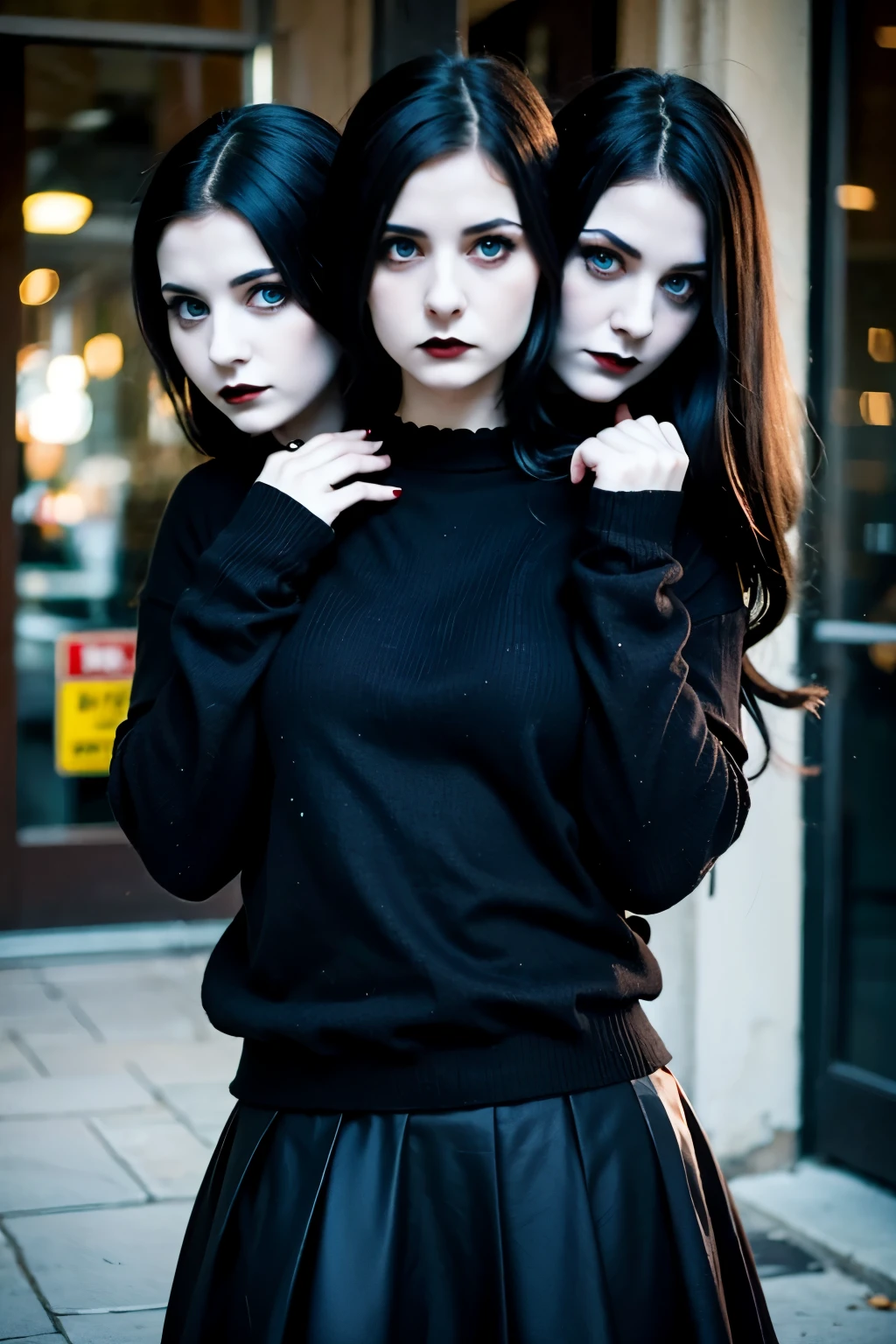 2heads, three headed goth girl, age 19, slightly chubby, black sweater, black skirt, pale skin,