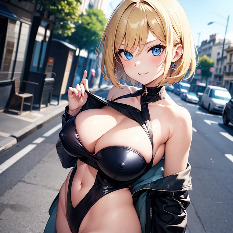 2D anime style、blue eyes、The eyes sparkled beautifully.,The breasts will become slightly larger.、Cool adult woman with short blonde hair and a serious expression....、Fashion that shows off your belly, Walking the streets of Paris,
,Leotard, Psychopath likes to show off.,One side of the tea,smiling face,
