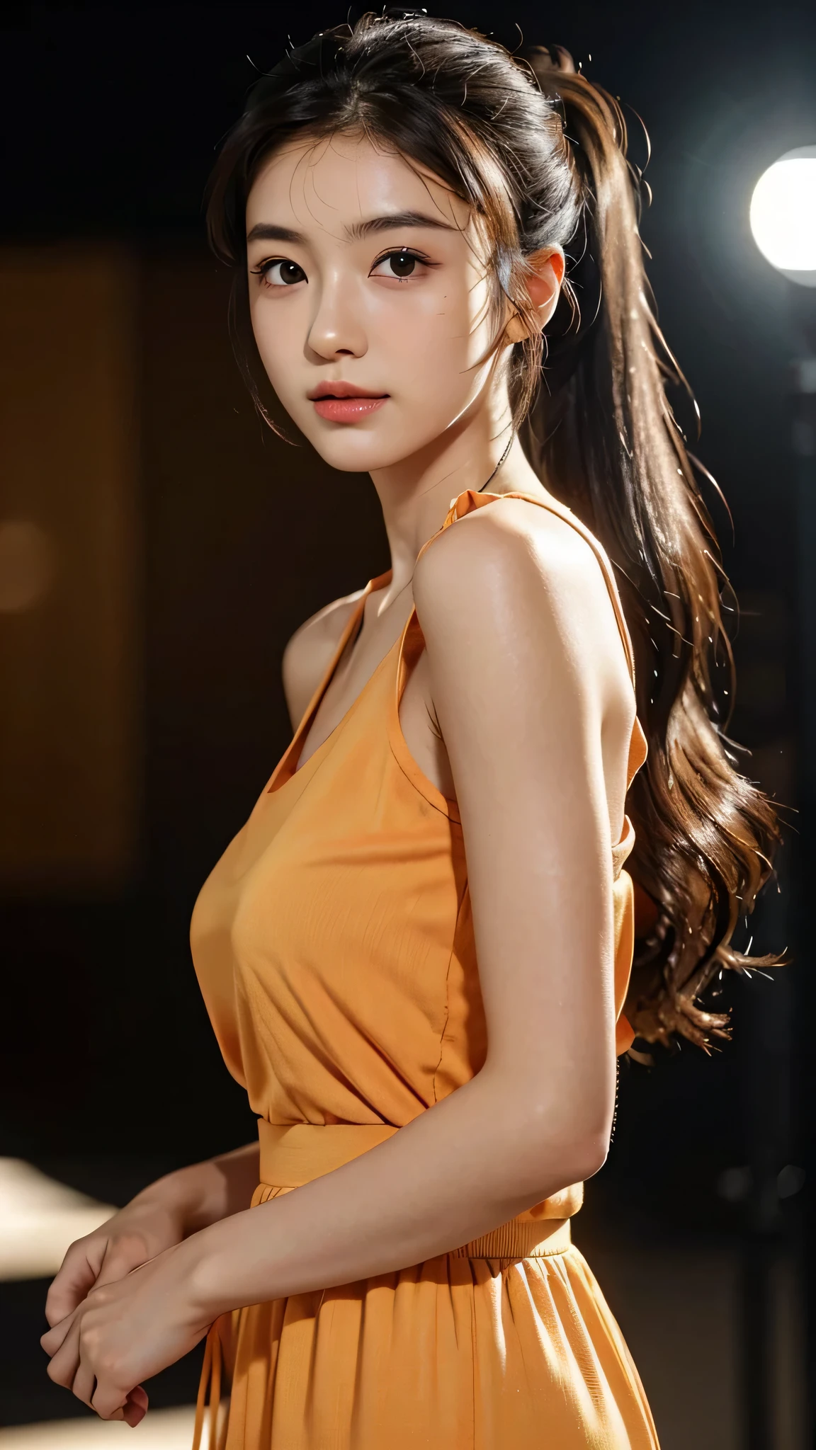 One woman,fully body photo,masutepiece, The highest image quality, High quality, the background is clear,Beautiful woman, Japanese, Detailed, Detailed eyes, Detailed skin, Beautiful skin, 超hight resolution, (reality: 1.4),Very beautiful woman, Slightly younger face, Beautiful skin, slender, (Ultra photo realsisim), (hight resolution), (8K), (Very detailed) (beautifully detailed eyes), (super detailed), (Detailed face), view the viewer, Fine details, Detailed face, Staring straight ahead, Staring straight ahead, photos realistic, Bright lighting, Professional Lighting, Black hair,poneyTail,a baby face,sixteen years old,Hairstyle is ponytail,long ponytail hairstyle,slight smile,Orange colored long dress with lots of ruffles, softly shaped skirt,Spotlight on stage,close-up of face,