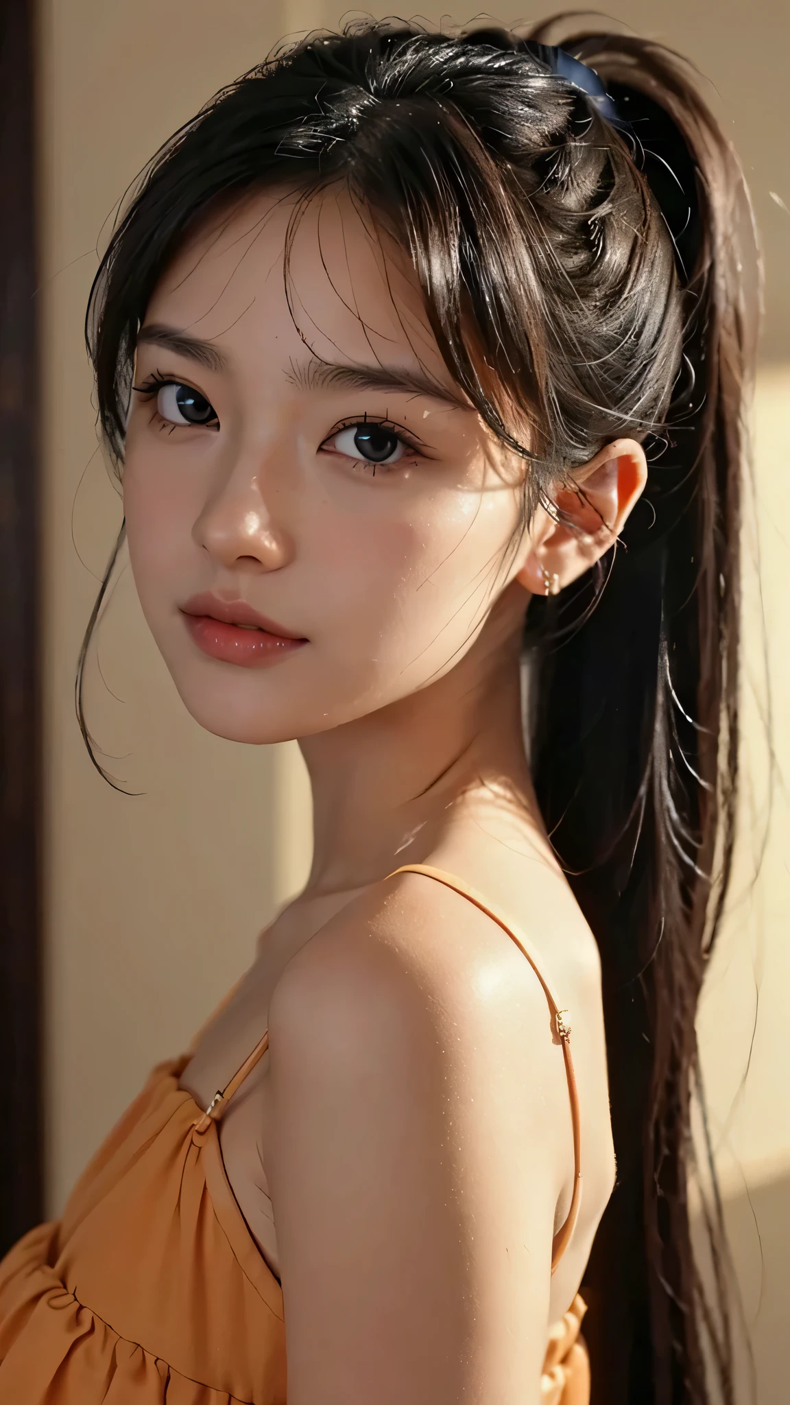 One woman,fully body photo,masutepiece, The highest image quality, High quality, the background is clear，Beautiful woman, Japanese, Detailed, Detailed eyes, Detailed skin, Beautiful skin, 超hight resolution, (reality: 1.4),Very beautiful woman, Slightly younger face, Beautiful skin, slender, (Ultra photo realsisim), (hight resolution), (8K), (Very detailed) (beautifully detailed eyes), (super detailed),   (Detailed face), view the viewer, Fine details, Detailed face, Staring straight ahead, Staring straight ahead, photos realistic, Bright lighting, Professional Lighting, Black hair,poneyTail,a baby face,sixteen years old,Hairstyle is ponytail,long ponytail hairstyle,slight smile,Orange colored long dress with lots of ruffles, softly shaped skirt,Spotlight on stage,close-up of face, 