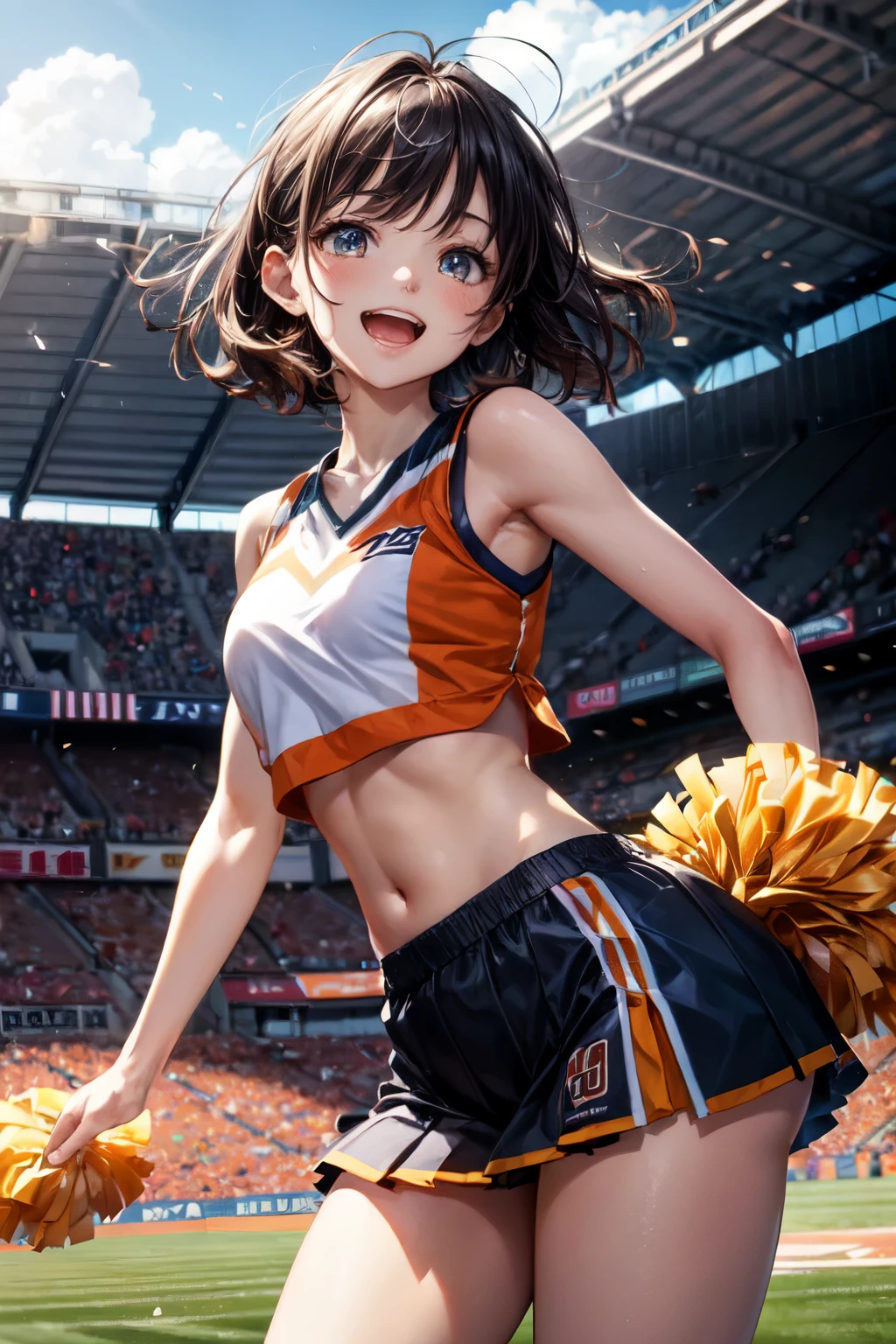 very cute and beautiful cheerleader girl,(highly detailed beautiful face),(holding pom poms:1.1),(laugh), (stadium stands),cowboy shot,dynamic pose,(white panties),(sleeveless orange shirt),beautiful legs,looking at viewer,black hair, (best quality,masterpiece:1.0),absurdres,highres,ultra-detailed,extremely detailed,32k,8k resolution, intricate details,cinematic scene,detailed background,solo,dynamic angle, hair fluttering in the wind,beautiful detailed sky,