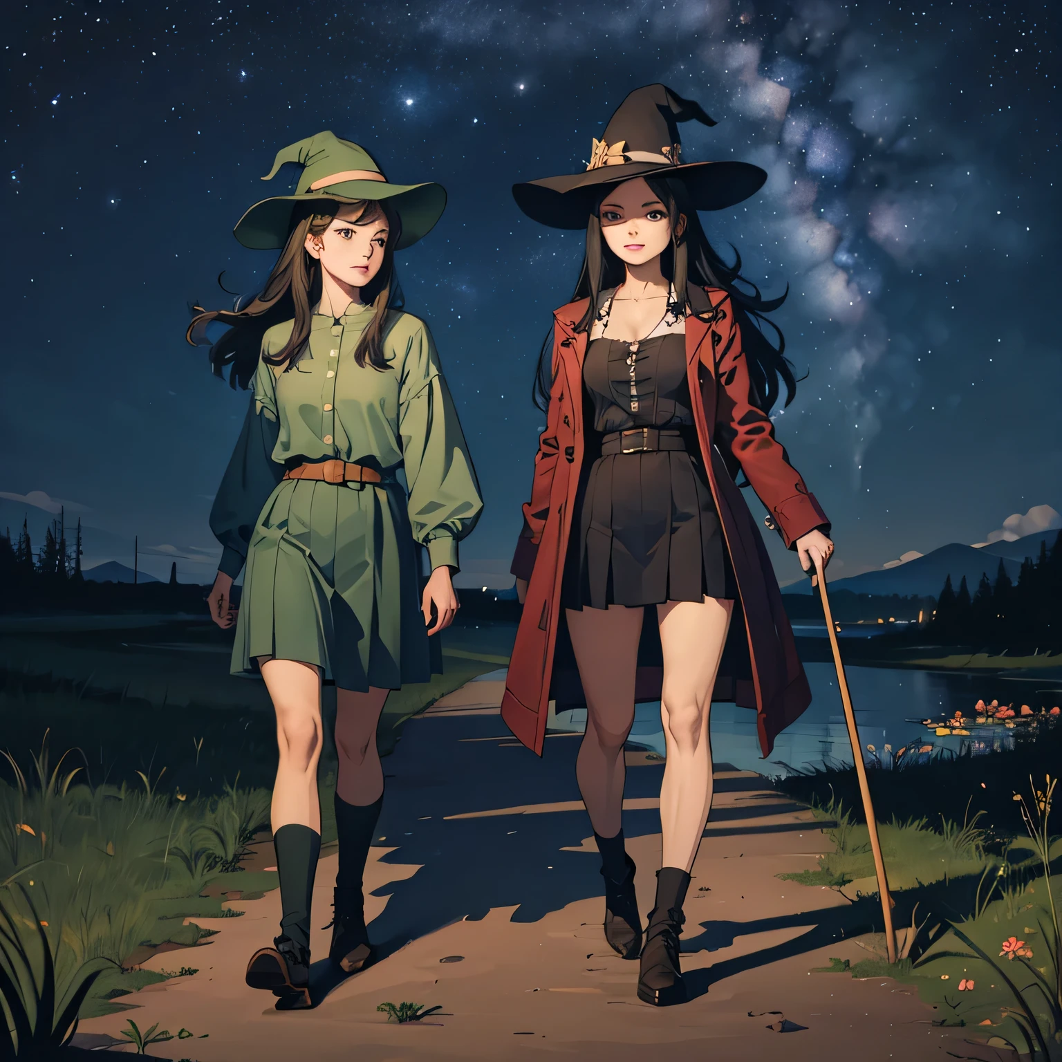 Snufkin,adult woman,long hair,black hair,curl,witch,night,under the starry sky,masterpiece,High resolution,beautiful face,lipstick,Traveling,full body,Soldiers returning from battle,

