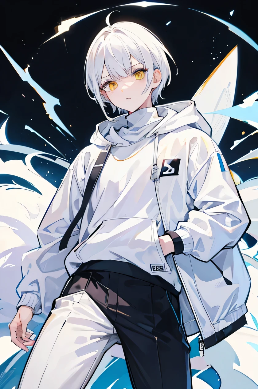 young man,One man,Close the front of the hoodie,pure white hoodie,Center pocket,put one's hand in one's pocket, white turtleneck,big hoodie,white inner,white shirt,White neck,white shirt,black pants, No expression, long eyelashes, short hair, white hair, yellow eyes,dead eyes,Danganronpa style,Sideburns are longer on one side,Left sideburns are short,blunt bangs,dark room