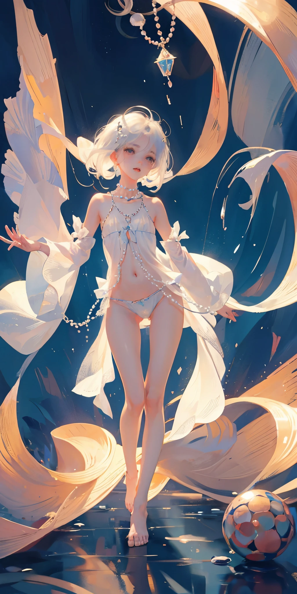 a girl、a baby face、Very cute、slim and beautiful、((small :1.2))、eyes well drawn、charming eyes、double tail、Wear jewelry and pearls around your neck,Transparent openwork、Deep V、Crystal Pearls、在Wear jewelry and pearls around your neck,white hair, Showing thighs, bare shoulders, showing clavicle, Yao Liu, barefoot,((whole body))、painful posture