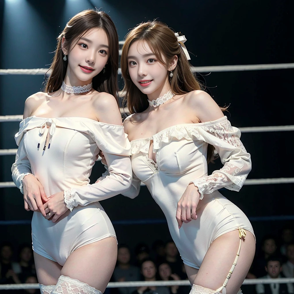 ((masterpiece: 1.4, best quality))+,(ultra detail)+, official art, unity 8k wallpaper, ultra detail, beautiful, high quality, (((two individuals:1.5))), Highlight your cute face,  masterpiece, best quality, semi wave medium length hair, (((Always in the pro wrestling ring))), (Both white off-shoulder highleg lace wrestling suits:1.5)), (((bust:1.5))), High exposure,  skinny body,masterpiece, high quality, 8 thousand, beautiful spotlight, no. No. 1 girl group idol in Korea, ((vivid:1.5)), ((brown eyes, yellow hair:1.3)), (big round breasts:1.1), ((colorful earrings, white neck choker)), 18 years old, small face, Both people look at the viewer, (hairpin with larger ribbon:1.4), (skinny abs:1.3), (They look at each other and look very happy :1.5), ((Both cheeks turn red)), two individuals의 신체와 팔다리를 정확하게 구별합니다.:1.5, (my whole body sweats:1.4)