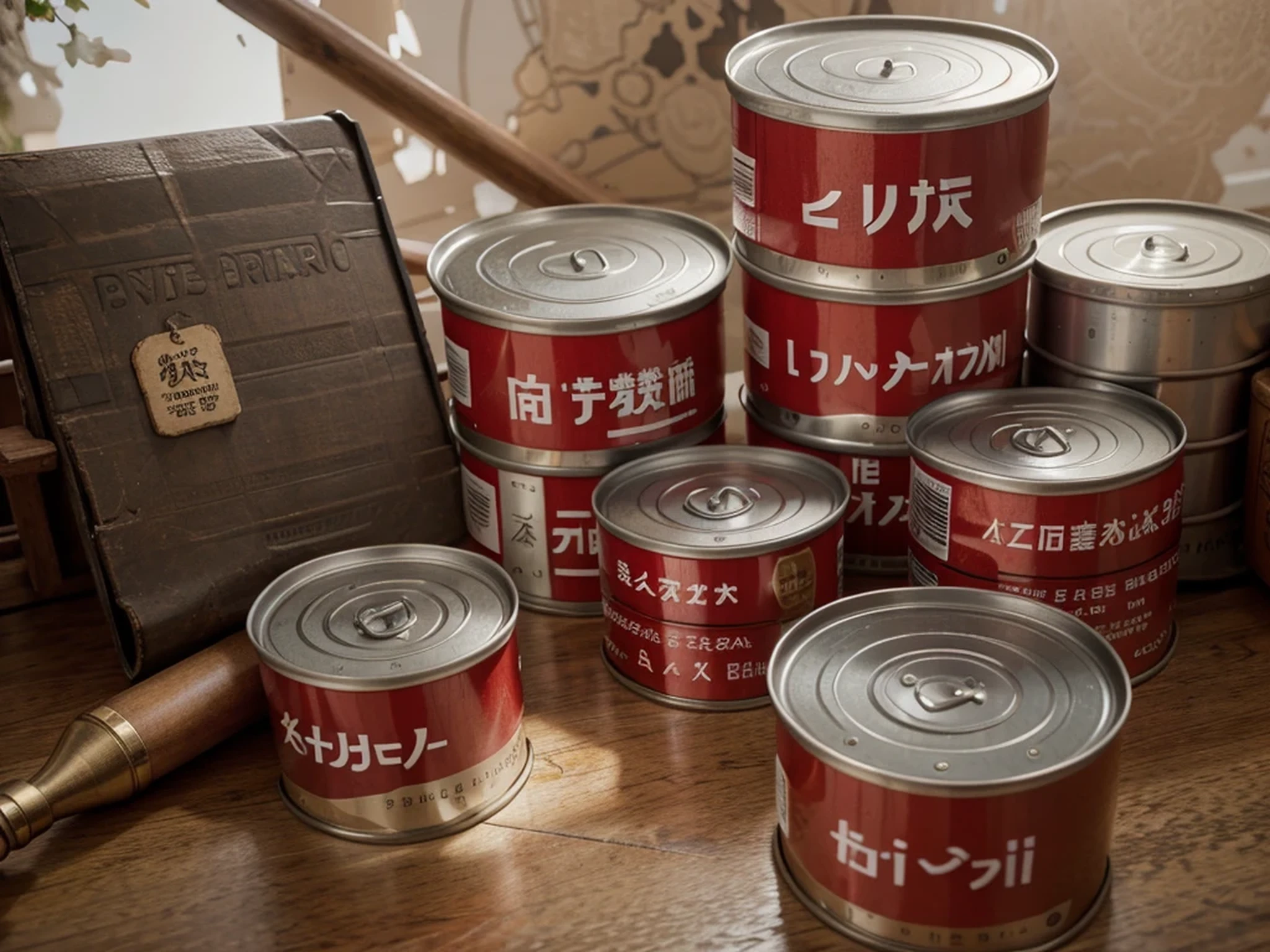 White military canned tin food, red Japanese symbols, are on a white table, 4k, Ultra detailed image, realistic, Highly detailed, perfect composition, splendid, Intricately detailed, Incredibly detailed, 8 k artistic photography, hyper detailed , Masterpiece, Ultra detailed, Hyperrealistic, 4k, Ultra detailed image, realistic, Highly detailed, perfect composition, splendid, Intricately detailed, Incredibly detailed, 8K fine art photography , hyper detailed, Masterpiece