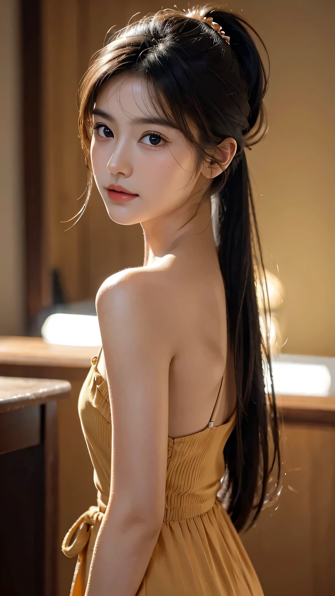 One woman,fully body photo,masutepiece, The highest image quality, High quality, the background is clear,Beautiful woman, Japanese, Detailed, Detailed eyes, Detailed skin, Beautiful skin, 超hight resolution, (reality: 1.4),Very beautiful woman, Slightly younger face, Beautiful skin, slender, (Ultra photo realsisim), (hight resolution), (8K), (Very detailed) (beautifully detailed eyes), (super detailed), (Detailed face), view the viewer, Fine details, Detailed face, Staring straight ahead, Staring straight ahead, photos realistic, Bright lighting, Professional Lighting, Black hair,poneyTail,a baby face,sixteen years old,Hairstyle is ponytail,long ponytail hairstyle,slight smile,Orange colored long dress with lots of ruffles, softly shaped skirt,Spotlight on stage,close-up of face,