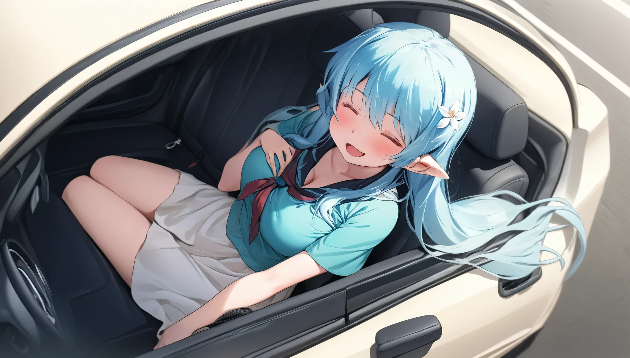 (masterpiece, best quality), 1 elven girl, ( bear breast), (light blue hair,twin tails ,Long hair is fluttering in the wind), hair between eyes,light blue hair,hair flower ornament ,(blush, smile, close eyes), open mouth, fairly dress,
((((undone clothing)))), (Open the front of the fairly dress chest very wide), large breasts,multi colored hair,pointed ears,view from right side,(Cruising the highway in a open car ) , (color of the open car is white), ( the open car has 2 seats), (the open car has no roof), (passenger seat is left side in the open car), Palm trees line the shoreline,(sitting in the left seat of the open car)