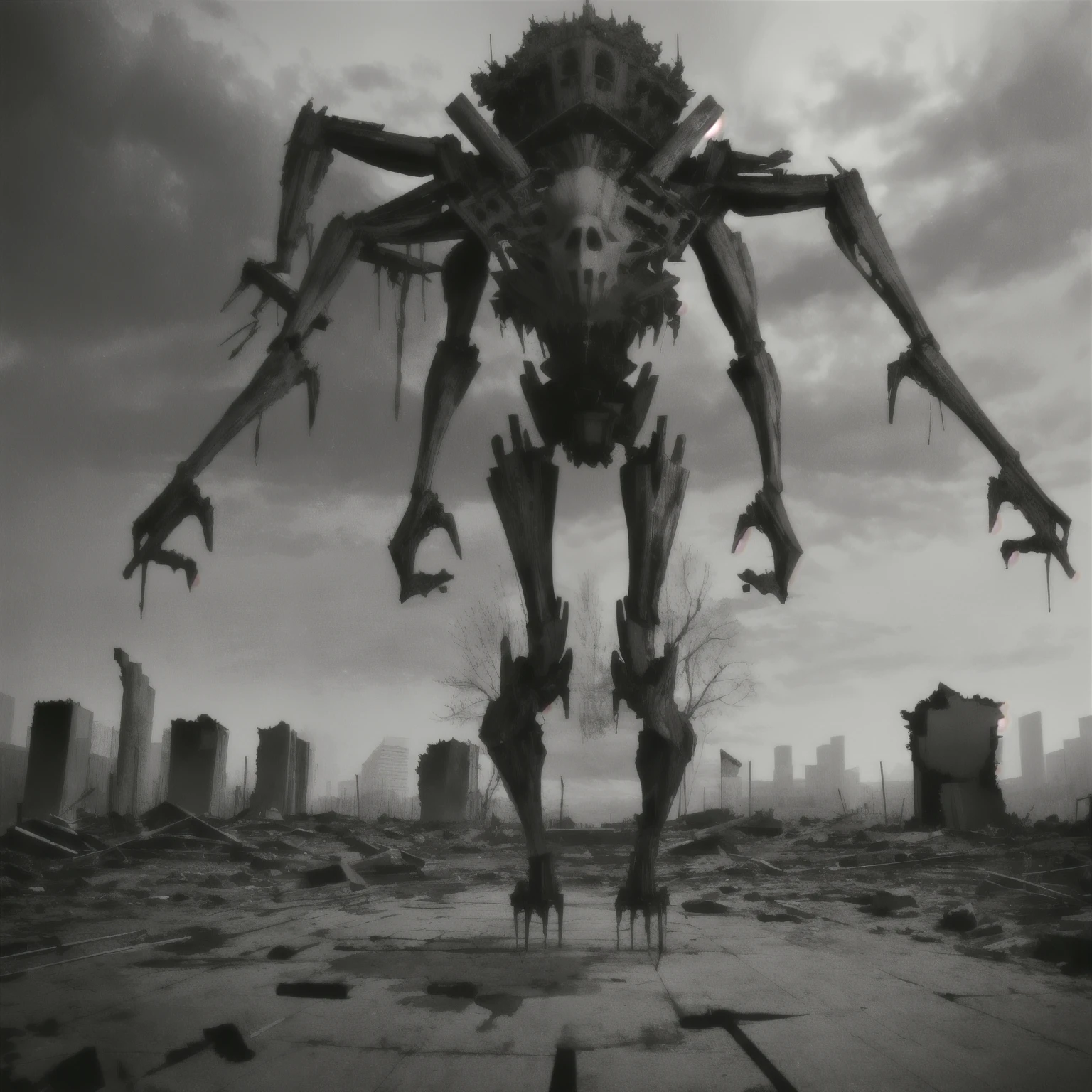 monster, 

full body, No expression, empty eyes, after the apocalypse, A crumbling city in the background, portrait