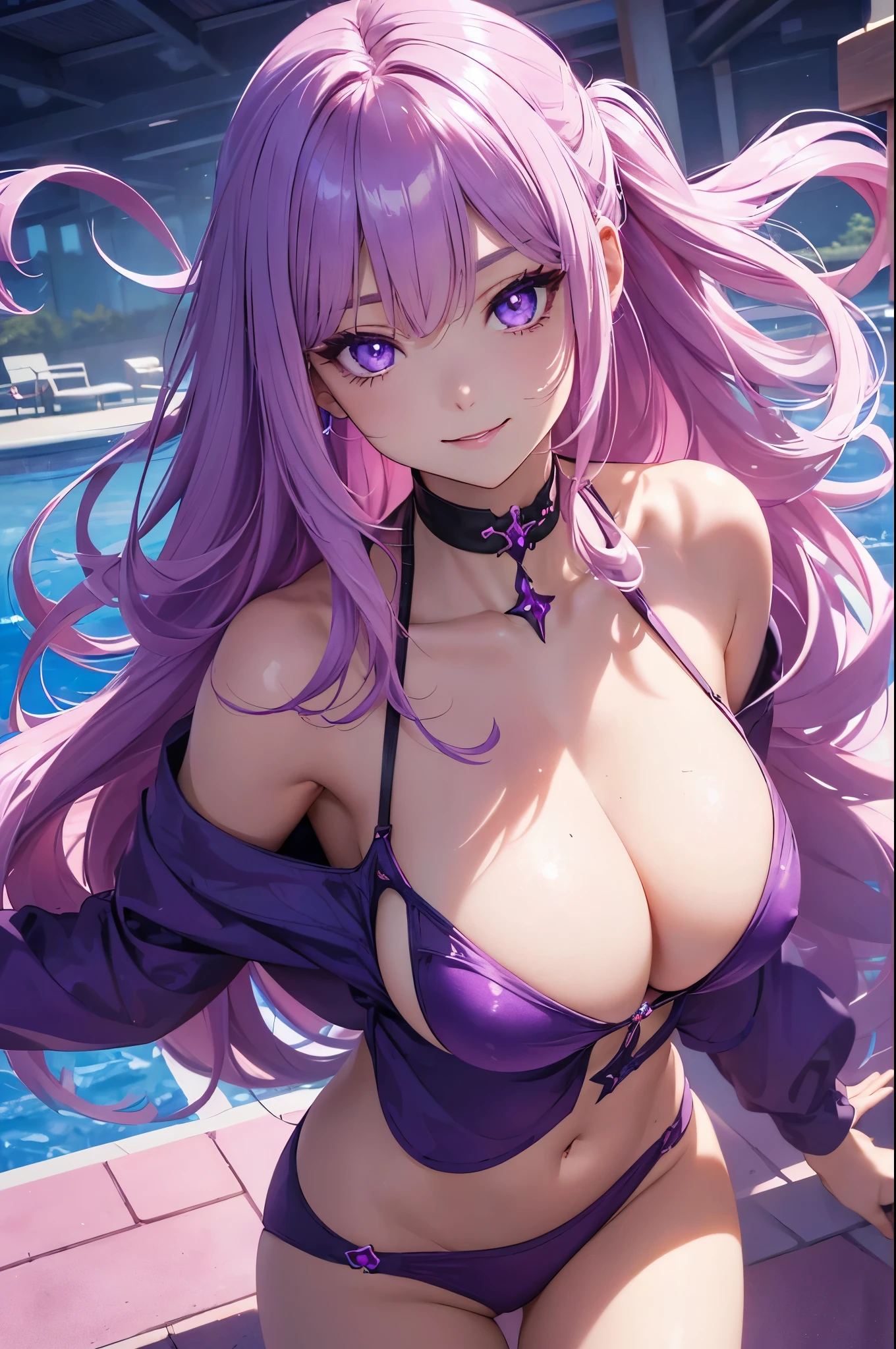 1girl (masterpiece, round_iris, extremely crisp crystalline shiny purple eyes, perfect_anatomy, extremely_captivating_hypnotic_mystic_eyes, ) perfect face, long pink hair, smiling evil, big breasts, bikini, pool, summer, dynamic pose, best quality, 4k
