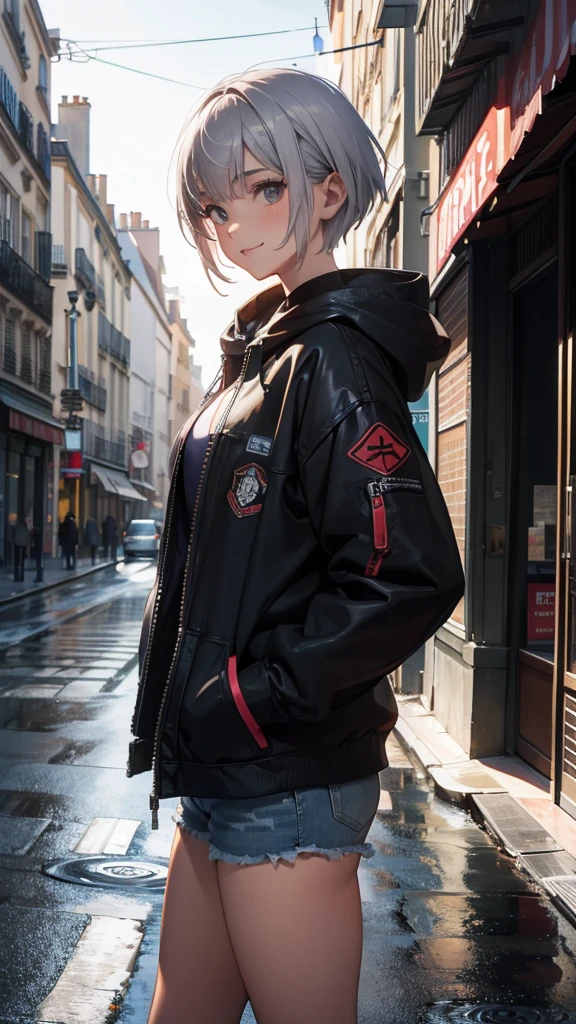 (Highly detailed CG unit 8k wallpaper, masterpiece, High resolution, highest quality, natural skin texture), Composition from head to stomach:1.5, (20 year old woman, Hands in pockets pose:1.3, smile, detailed eyes, gradient eyes), (Stalgic Fashion, Retro patchwork hooded jacket and micro mini shorts, Asymmetrical punk short hair:1.2, ash gray hair), (Backstreets of Paris:1.3, Colourful flower beds along the road, cinematic lighting), high contrast, hyper realistic, digital painting, concept art,