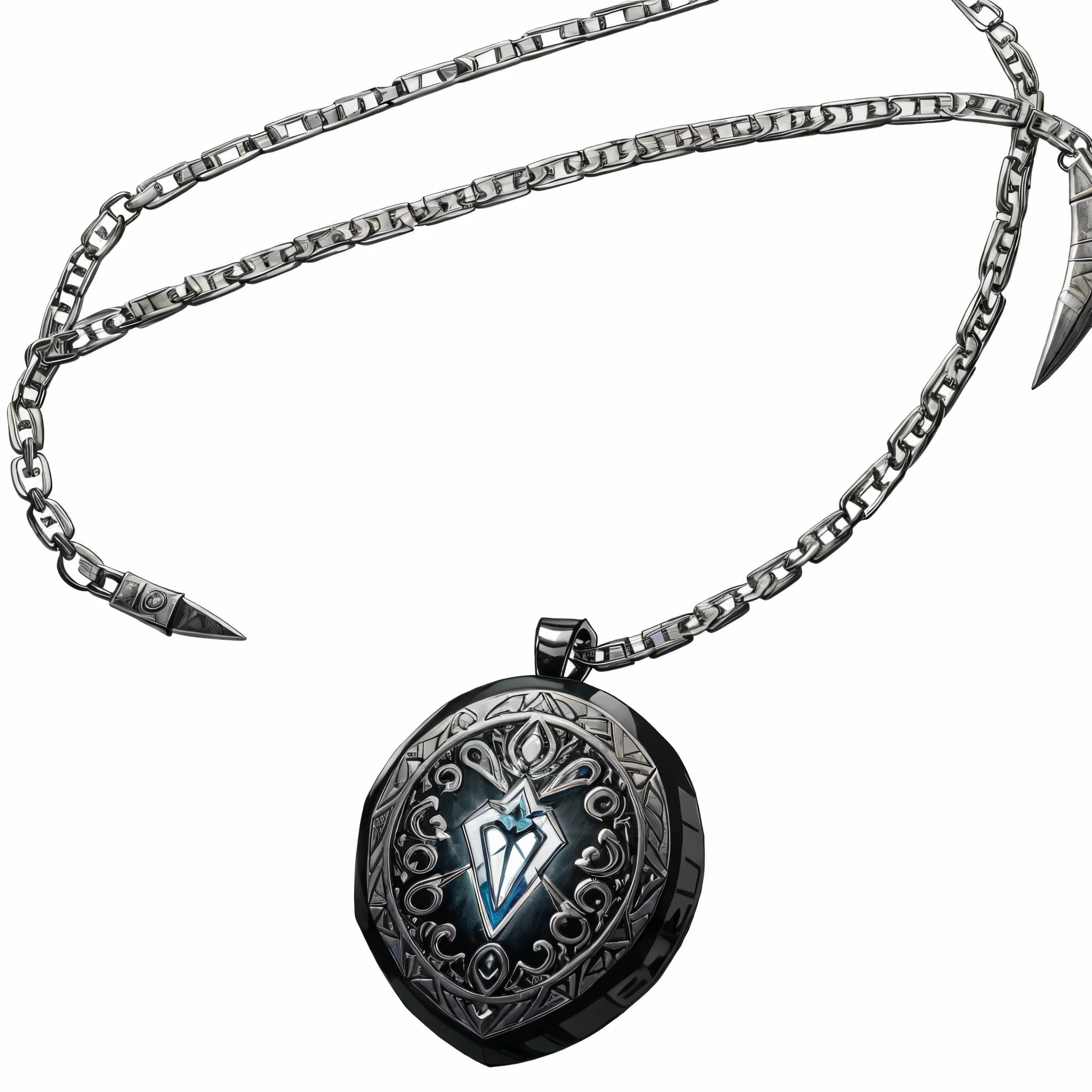 A photorealistic obsidian amulet with glowing engraved runes, silver chain, magical aura, ancient ruins background, detailed, intricate, MagicItem_v1, (white background), fullshot