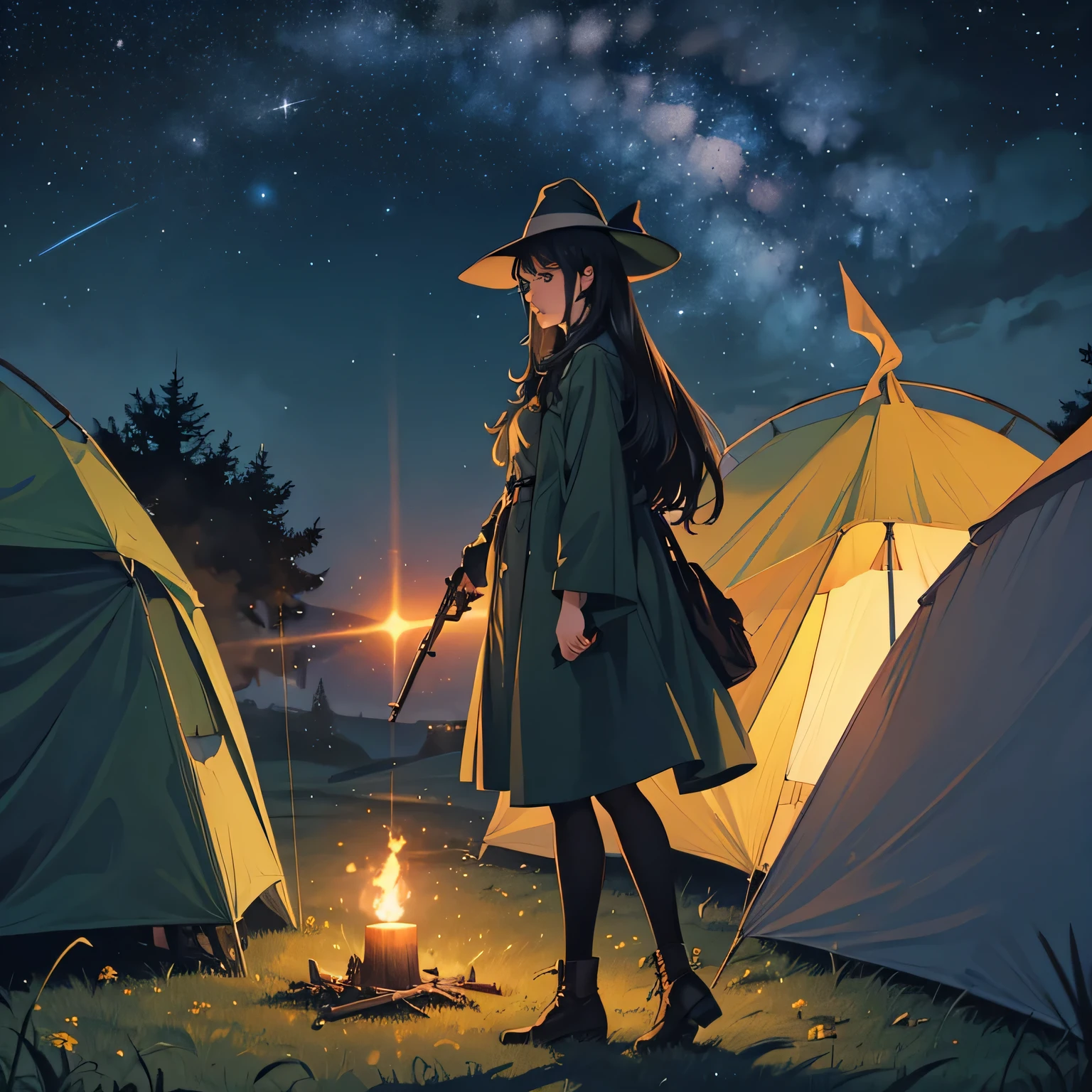 Snufkin,adult woman,long hair,black hair,curl,witch,night,under the starry sky,masterpiece,High resolution,beautiful face,lipstick,Traveling,full body,Soldiers returning from the battlefield,arms,gun,smoke of gunpowder,tent,extreme details,perfection,Like a work of art,

