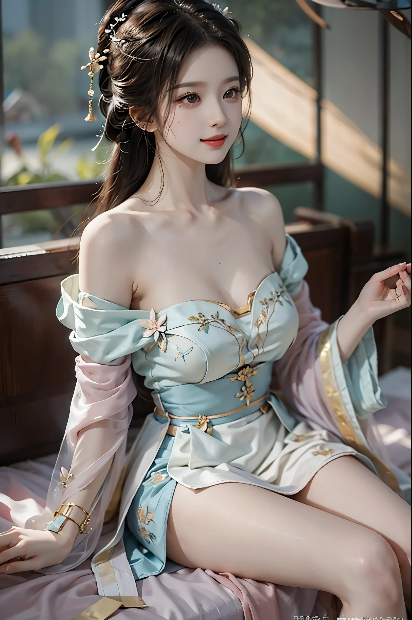 hanfu-song, hanfu, song theme, bandeau, tube top, fashion girl, liuyifei,masterpiece,best quality,official art,极其细致的CG统一8kwallpaper, ((full body)),((bare shoulders)), ((Very short skirt)), (high dynamic range:1.4), (cinematic), (pastel colors, dull color, soothing tone:1.3), (natural skin texture, Surrealism, soft light lighting, sharp),(The content is very detailed), professional lighting, radio city,((1个Giant Breast Girl，20 years old)), In the bedroom， cold light，best quality, many details, masterpiece, Super detailed, Enlightenment, Extremely delicate and beautiful girl, Beautiful and delicate eyes,8K_wallpaper,Beautiful and delicate girl, looking at the audience, messy hair, Big breasts, ((focus on breasts)),reclining on the sofa，Smile，sweet smile