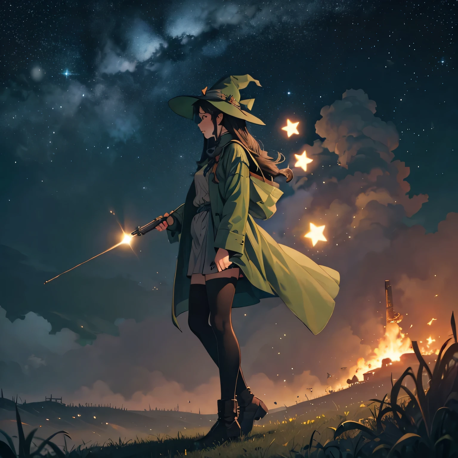 Snufkin,adult woman,long hair,black hair,curl,witch,night,under the starry sky,masterpiece,High resolution,beautiful face,lipstick,Traveling,full body,Soldiers returning from the battlefield,arms,gun,smoke of gunpowder,

