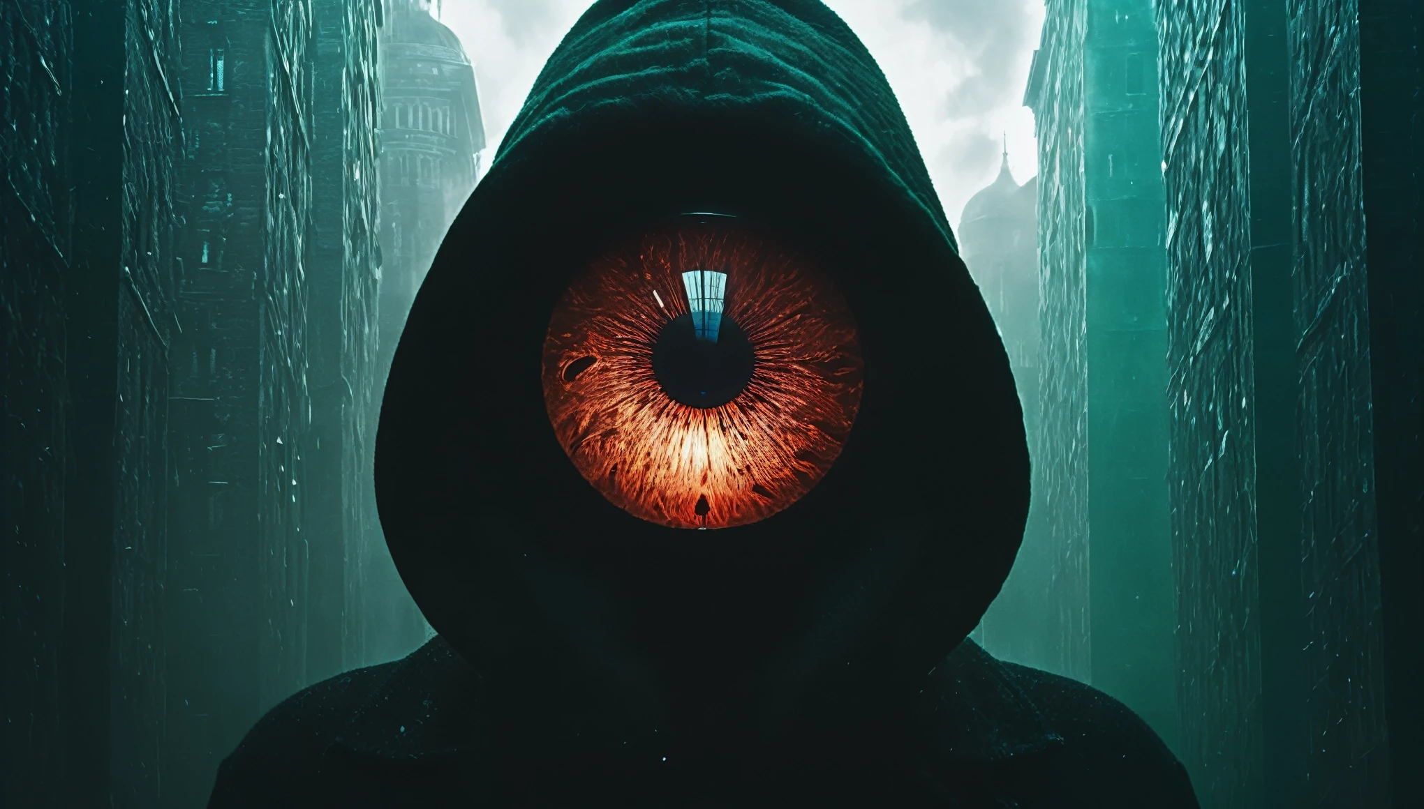 tower focus, a big iron tower, 1girl, (detail glowing red eyes:1.5), Silver bob Cut, Standing at the top of the tower, solo, headphones, hoodie, green theme, low saturation, darkness, abstract background, (looking the view:1.5), from below, silhouette, Surrealism, UHD, super detail, best quality, highres,Surrealism 8k, epic surreal 8k oil painting, 4K Hyperrealism, 4k highly detailed digital art, 4k detailed digital art, Portrait of a mysterious giant eye, 8K Stunning Artwork, digital art 4k unsettling, Otherworldly visuals, 3D digital art 4k, Surrealist digital artwork
