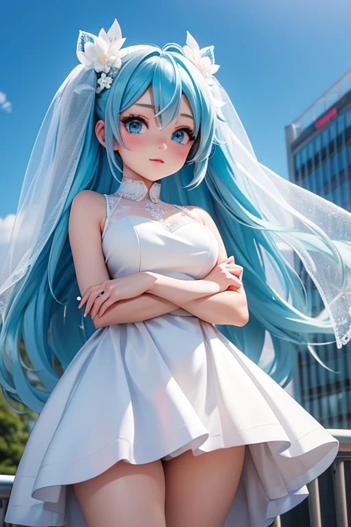 a girl, light blue hair, Hatsune Miku style hairstyle, blue eyes, 20 years old, In Berlin, modern city, better quality, artwork, plump, White long wedding dress, wedding veil,