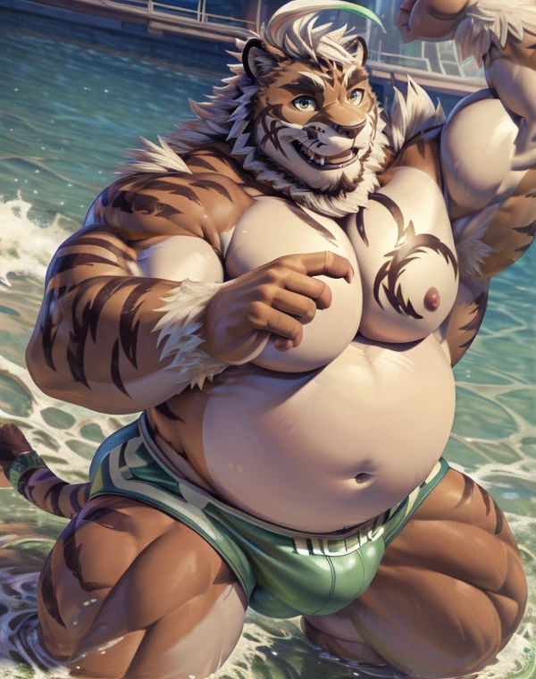 Hombretigre, solo, (soft shading), 4k, hi res, ((detailed face, detailed eyes, detailed)), (full body), by zackarry911, by zaush, (by personalami:0.5), muscular, muscular male, bara, (plump), belly, pose, solo, smile, 1boy, navel, nipples, green eyes, male focus, thighs, stomach, bulge, topless male, bare pectorals, white briefs, bathing outfit, buldging penis, nipples, big belly predomination, showing off belly, athletic body ((correct anatomy:1.3)), abs (abs on round belly), round belly (((abs on round belly))), bloated belly (with some muscle), point perspective scene, muscle gut, bulge, Very muscular tiger, glistening skin, 8k resolution, realism, vibrant color, bird view angle, bicep flexing,  green eyes, professional sumo wrestling