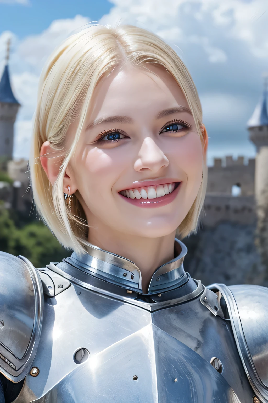 ８Ｋ、highest quality、female knight、The background is a castle、Luxurious Silver Armor、hairstyle short cut、smile、beautiful teeth、full body photo、ear piercing、white woman、blonde hair、blue eyes、Gummy Smile、The background is a cloudy sky、heavy makeup、mouth half open