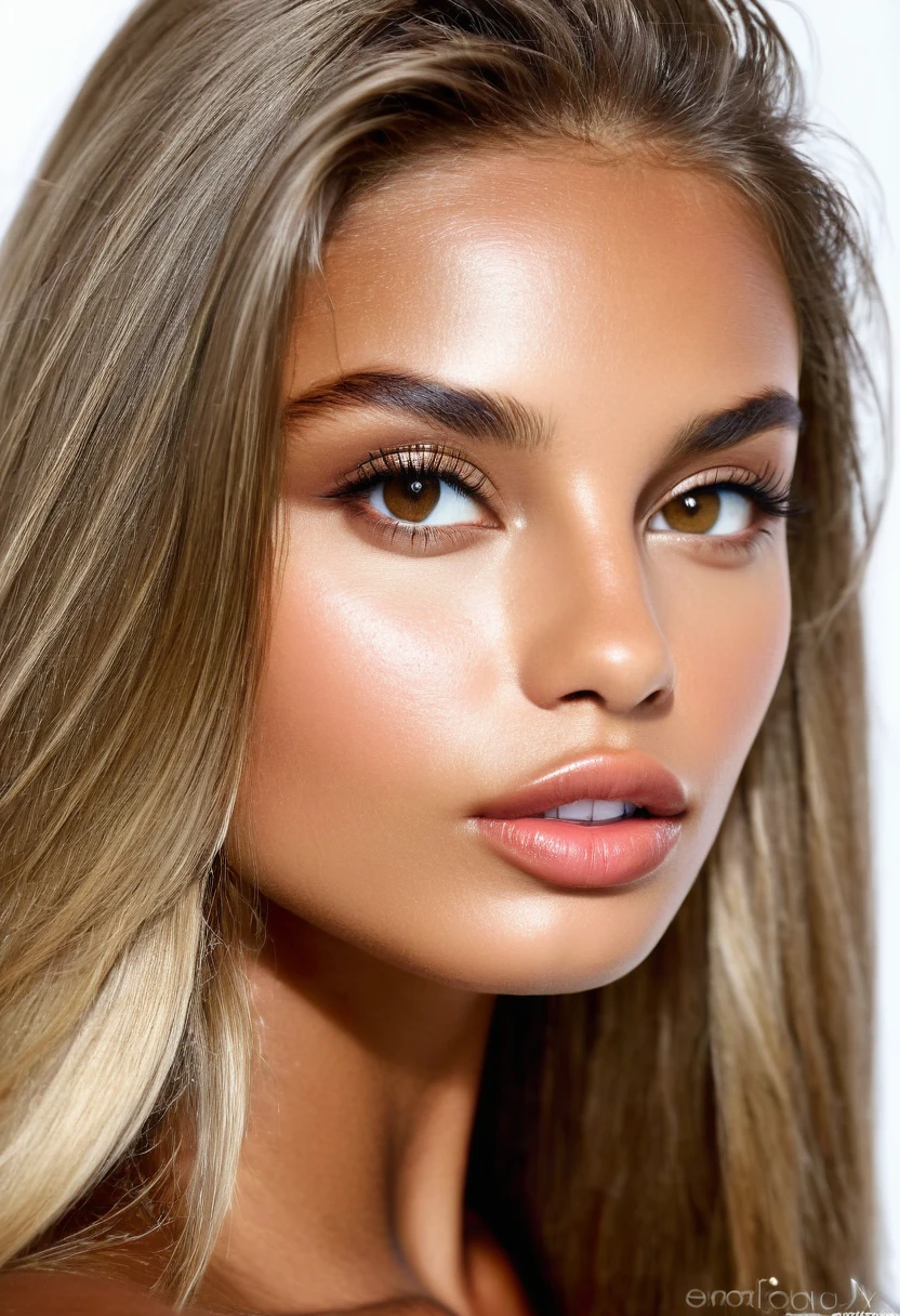 Supermodel, Brazilian, tanned, light brown eyes, big lips, head shot, long dark blonde hair, white background, beautiful , natural beauty, no makeup, model