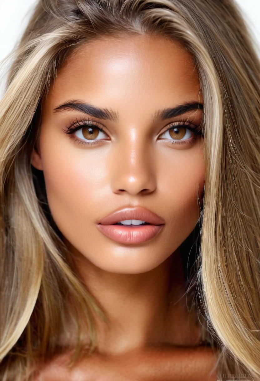 Supermodel, Brazilian, tanned, light brown eyes, big lips, head shot, long dark blonde hair, white background, beautiful , natural beauty, no makeup, model